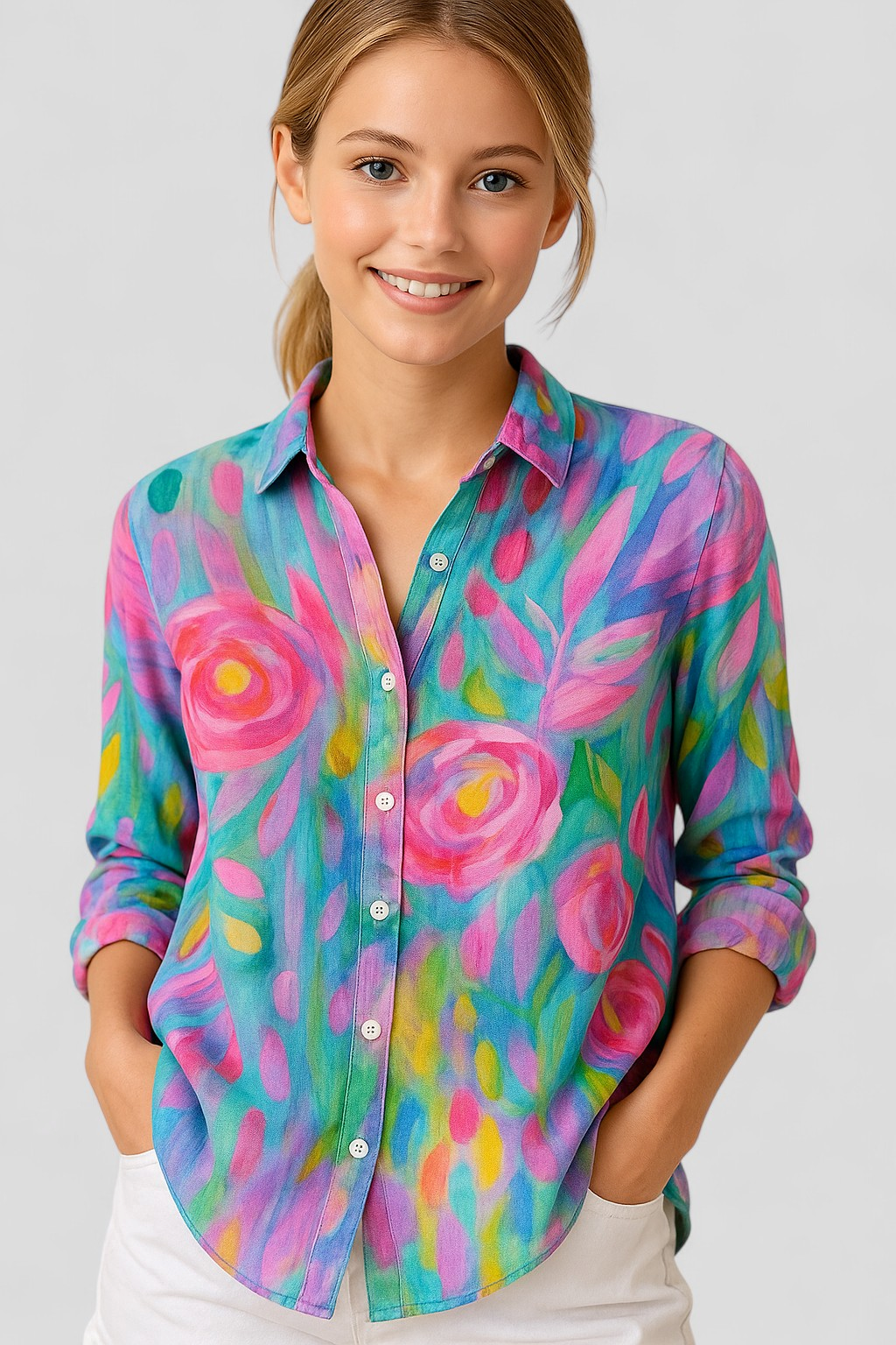 Norah | Blusa Donna Colorata con Stampa Unica - - abbigliamento casual blusa colorata blusa versatile comoda e stilosa gonna e blusa look giocoso moda estiva outfit unico stampa artistica taglie disponibili - Concept Palermo