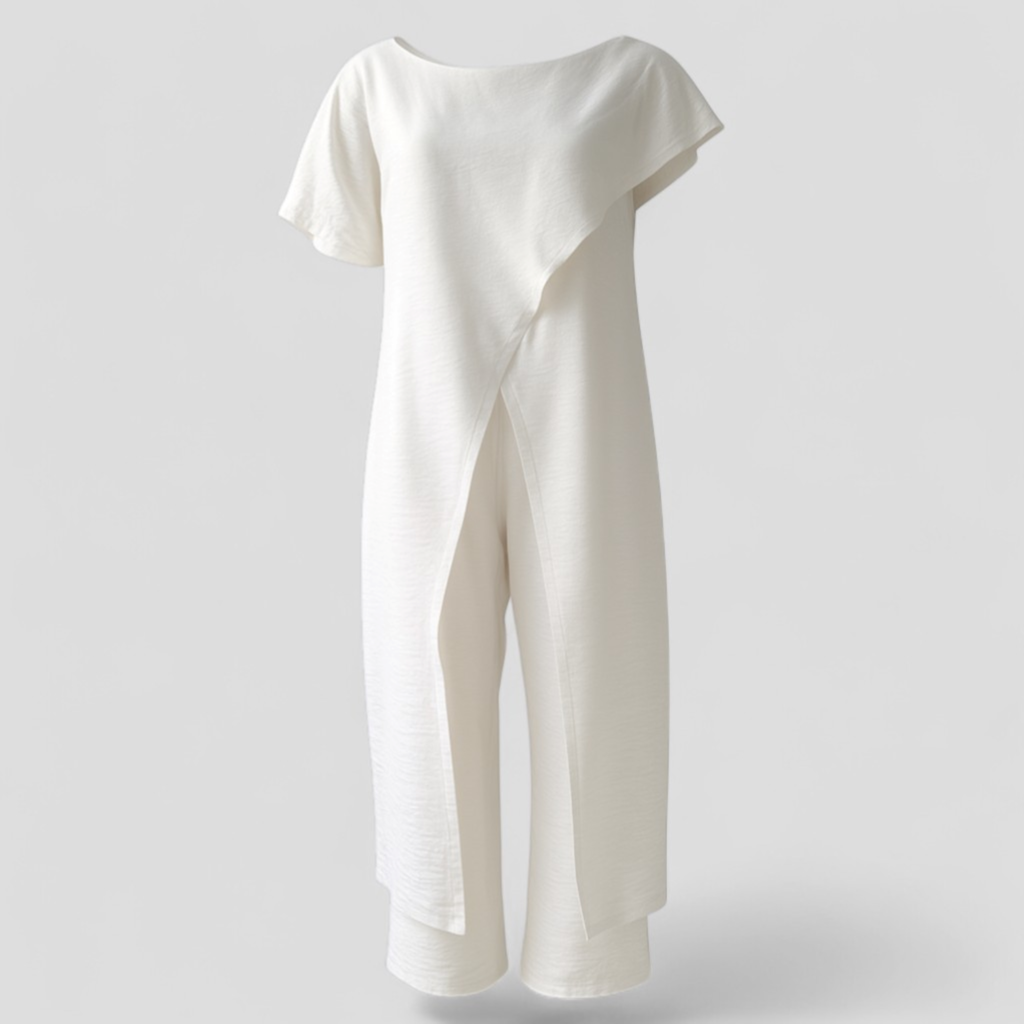 Anouk | Completo Elegante Donna Top e Pantaloni - Bianco - abbigliamento femminile look moderno materiale leggero outfit estivo pantaloni di moda set coordinato set elegante stile versatile top asimmetrico top senza spalline - Concept Palermo