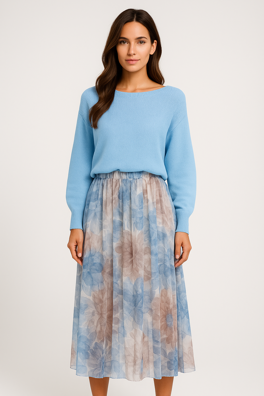 Lyra | Coordinato Donna con Maglione Azzurro e Gonna Floreale con Spacco - - casual dress casual dresses Dresses female dress Maxi dress Maxi Dresses Mini Dresses - Concept Palermo