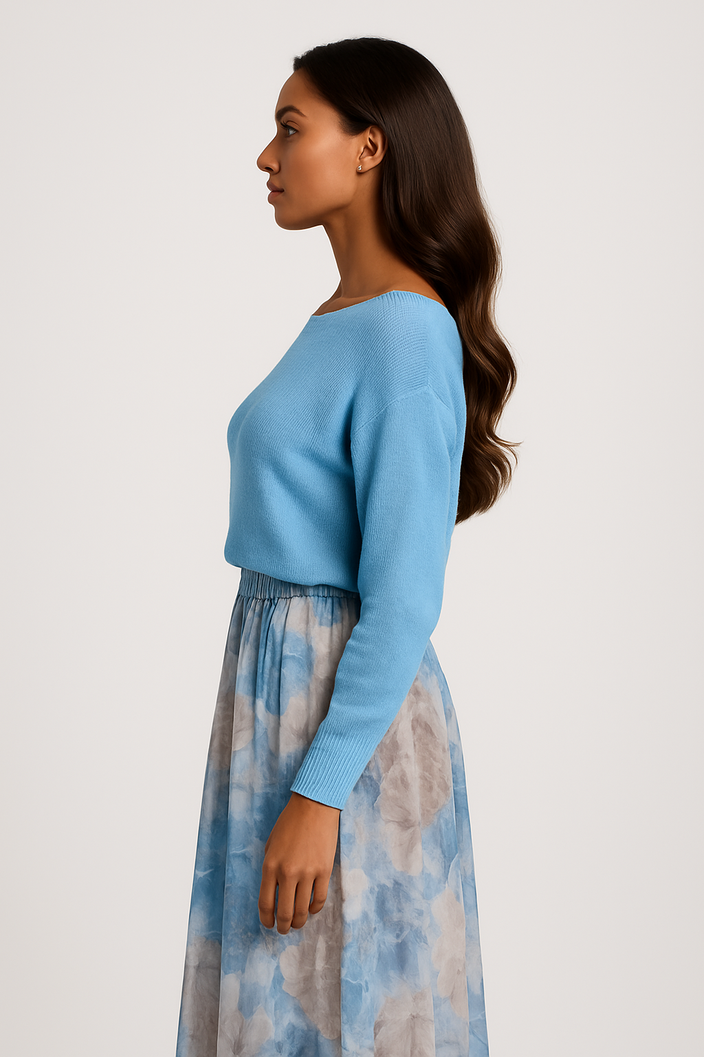 Lyra | Coordinato Donna con Maglione Azzurro e Gonna Floreale con Spacco - - casual dress casual dresses Dresses female dress Maxi dress Maxi Dresses Mini Dresses - Concept Palermo