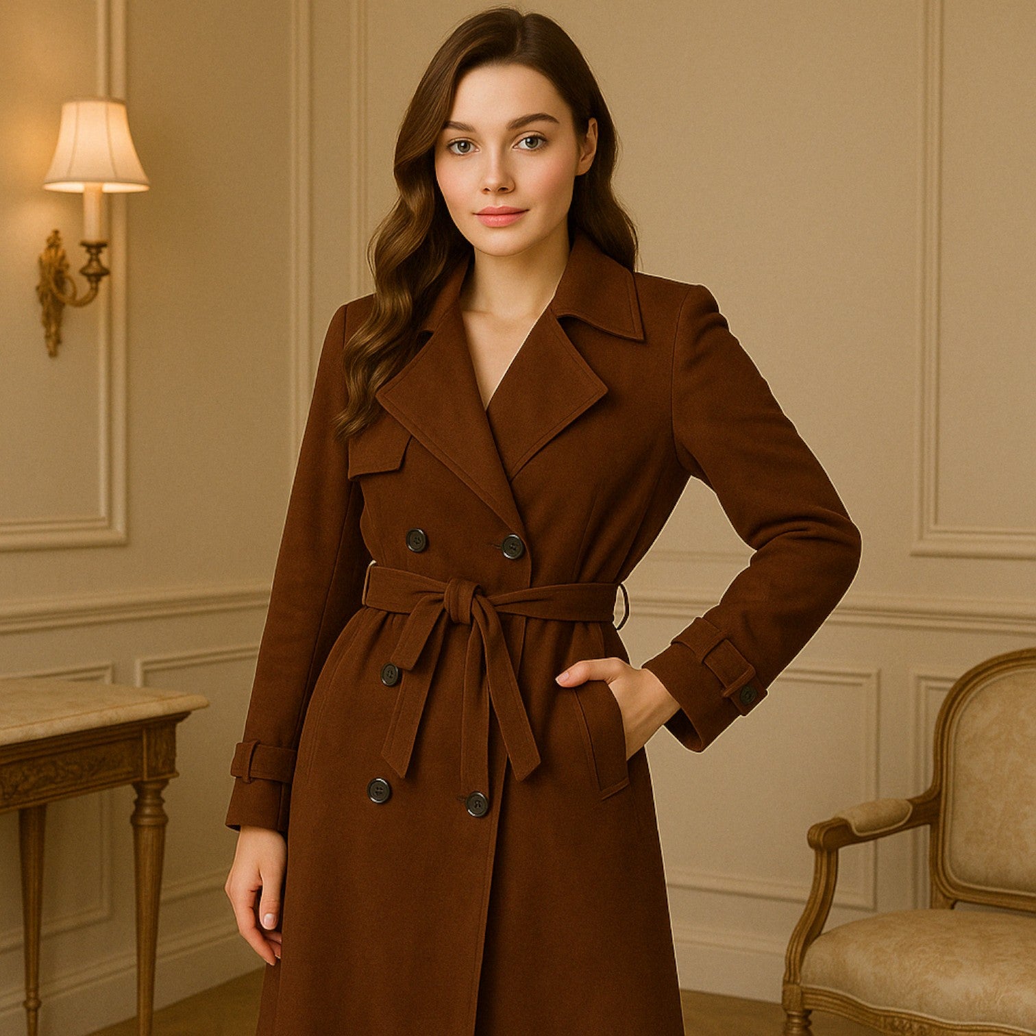 Paulina | Cappotto in pelle scamosciata - Tessuto pregiato, taglio classico - - - Concept Palermo