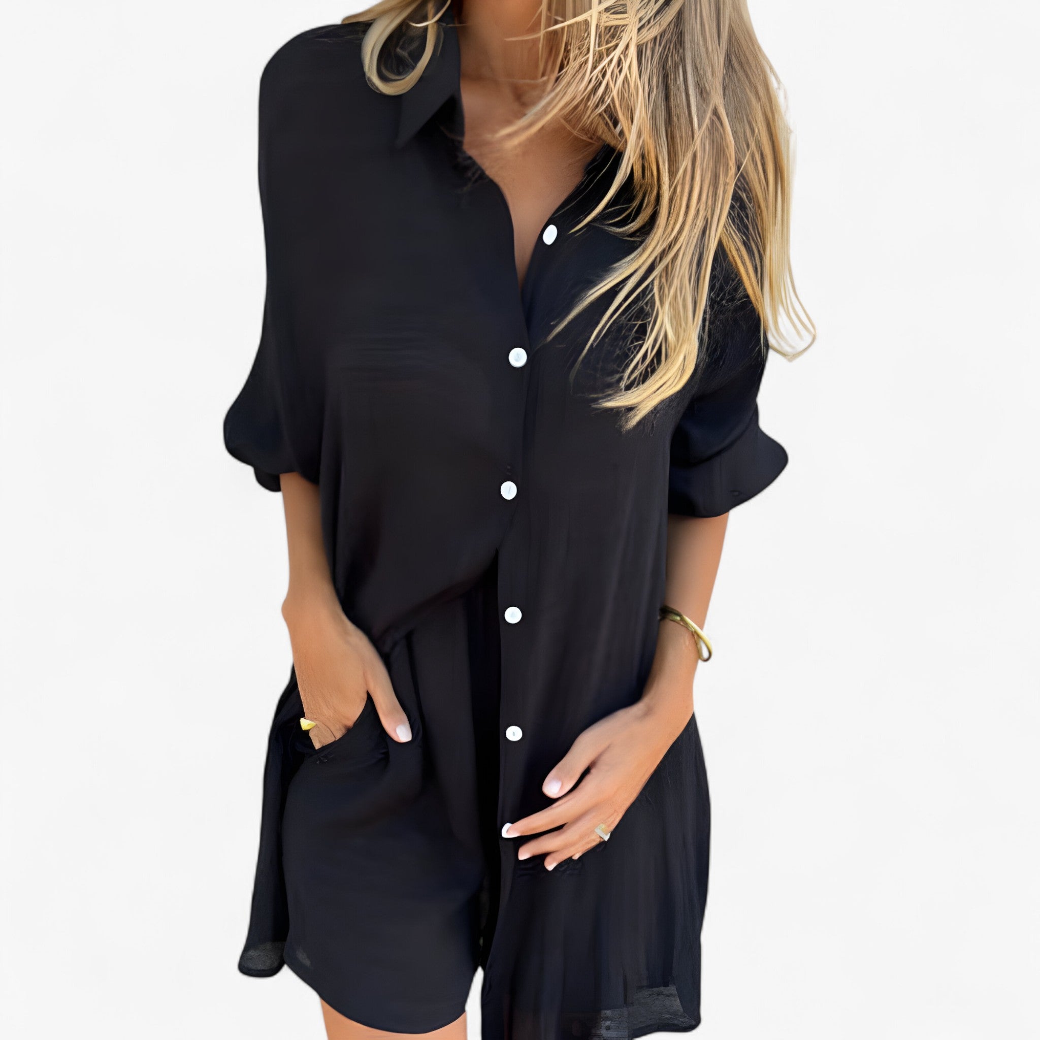 Isabelle | Completo Donna Elegante in Cotone e Lino - Nero - abbigliamento estivo completo da donna completo elegante look rilassato maglietta a maniche lunghe outfit casual pantaloni corti set in cotone e lino stile versatile vestibilità comoda - Concept Palermo