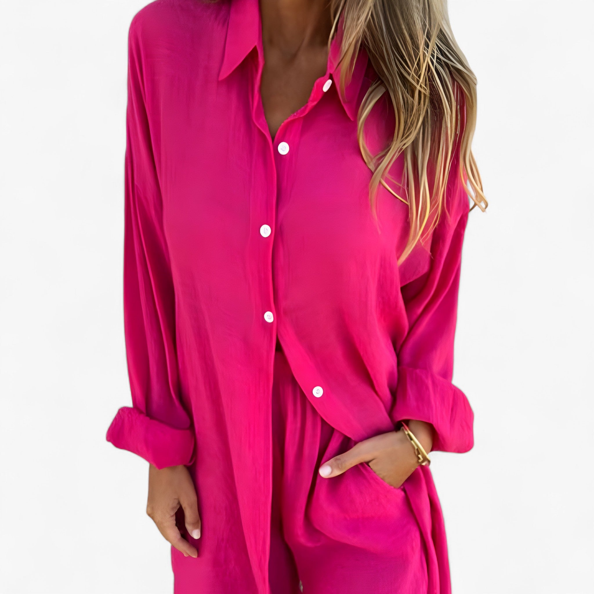 Isabelle | Completo Donna Elegante in Cotone e Lino - Rosa - abbigliamento estivo completo da donna completo elegante look rilassato maglietta a maniche lunghe outfit casual pantaloni corti set in cotone e lino stile versatile vestibilità comoda - Concept Palermo