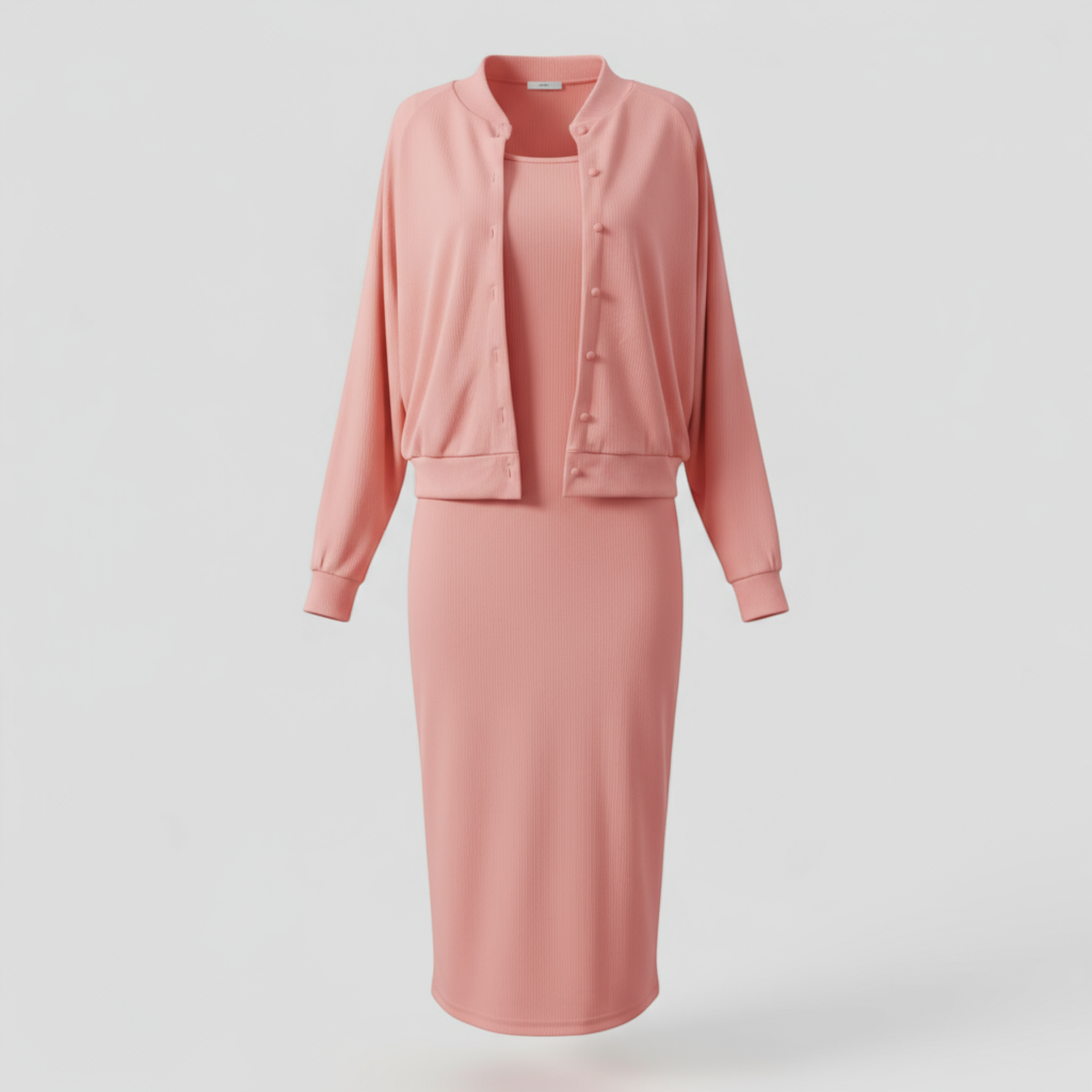 Acadia | Abito Midi Elegante con Cardigan Abbinato - Rosa - abbigliamento casual abito midi abito versatile cardigan elegante moda femminile outfit formale stile comodo tessuto di alta qualità - Concept Palermo