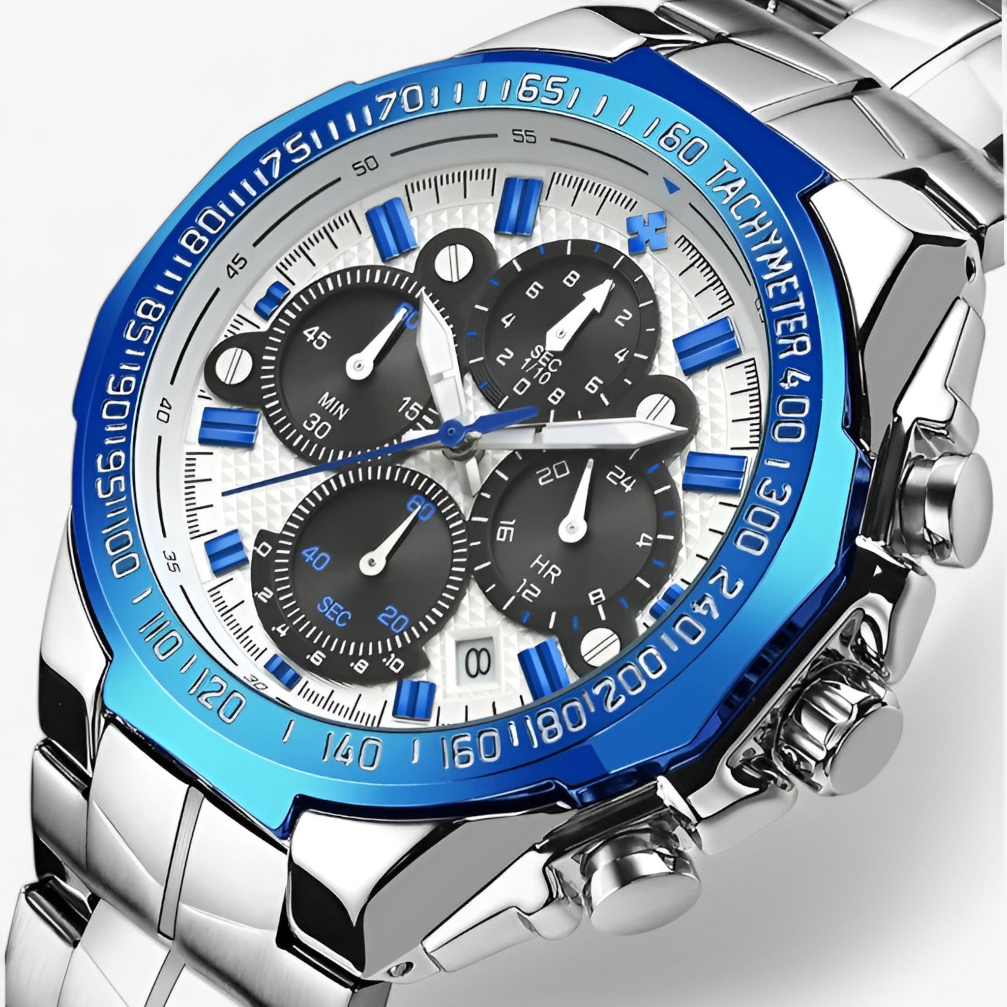 Adriano | Orologio sportivo di lusso in acciaio nero - bianco blu - - Concept Palermo