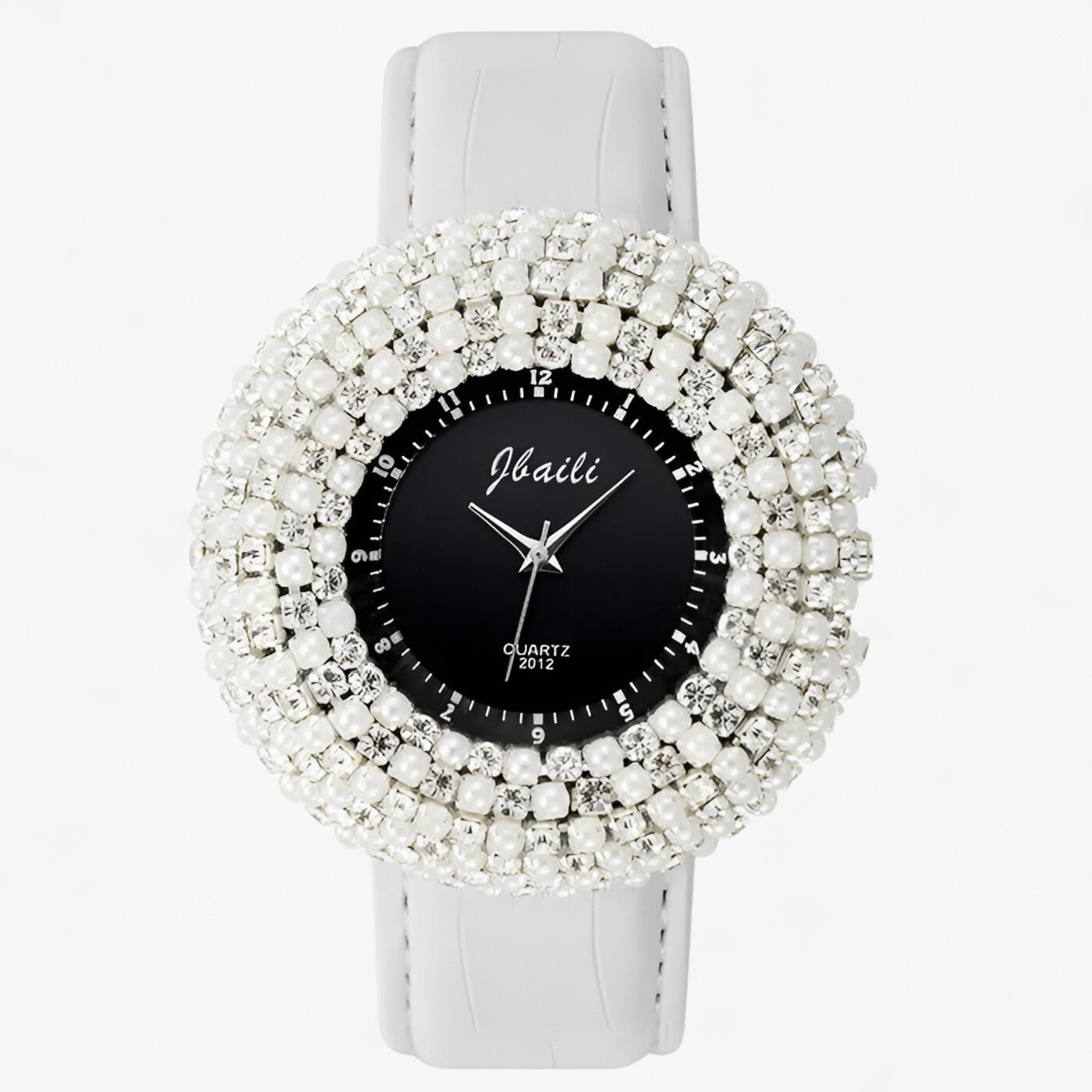 Joanna | Orologio in pelle con quadrante nero e strass - Bianca - female watch watch for women - Concept Palermo