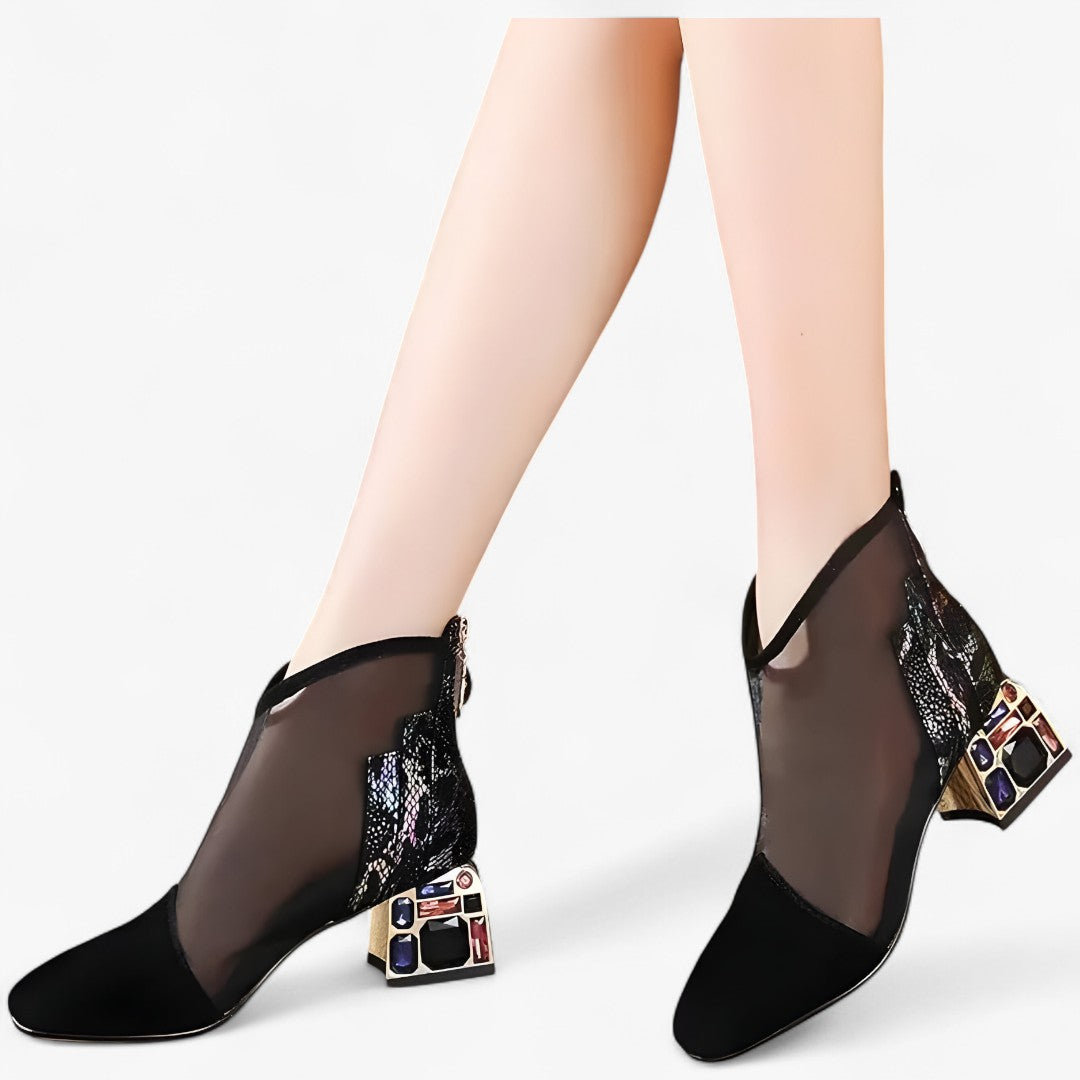 Ruby | Sandali in rete con tacco medio e strass traforati - Nera - BOOTS Boots & Shoes - Concept Palermo