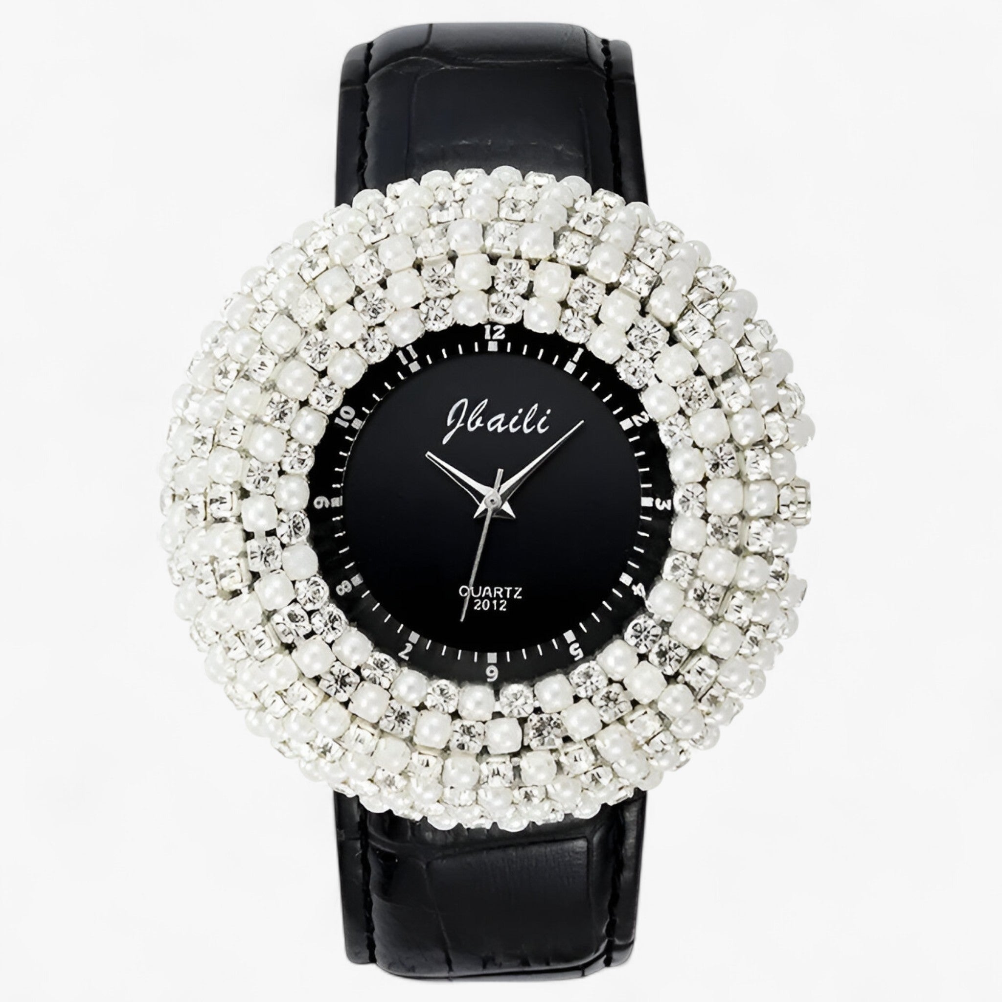 Joanna | Orologio in pelle con quadrante nero e strass - Nera - female watch watch for women - Concept Palermo