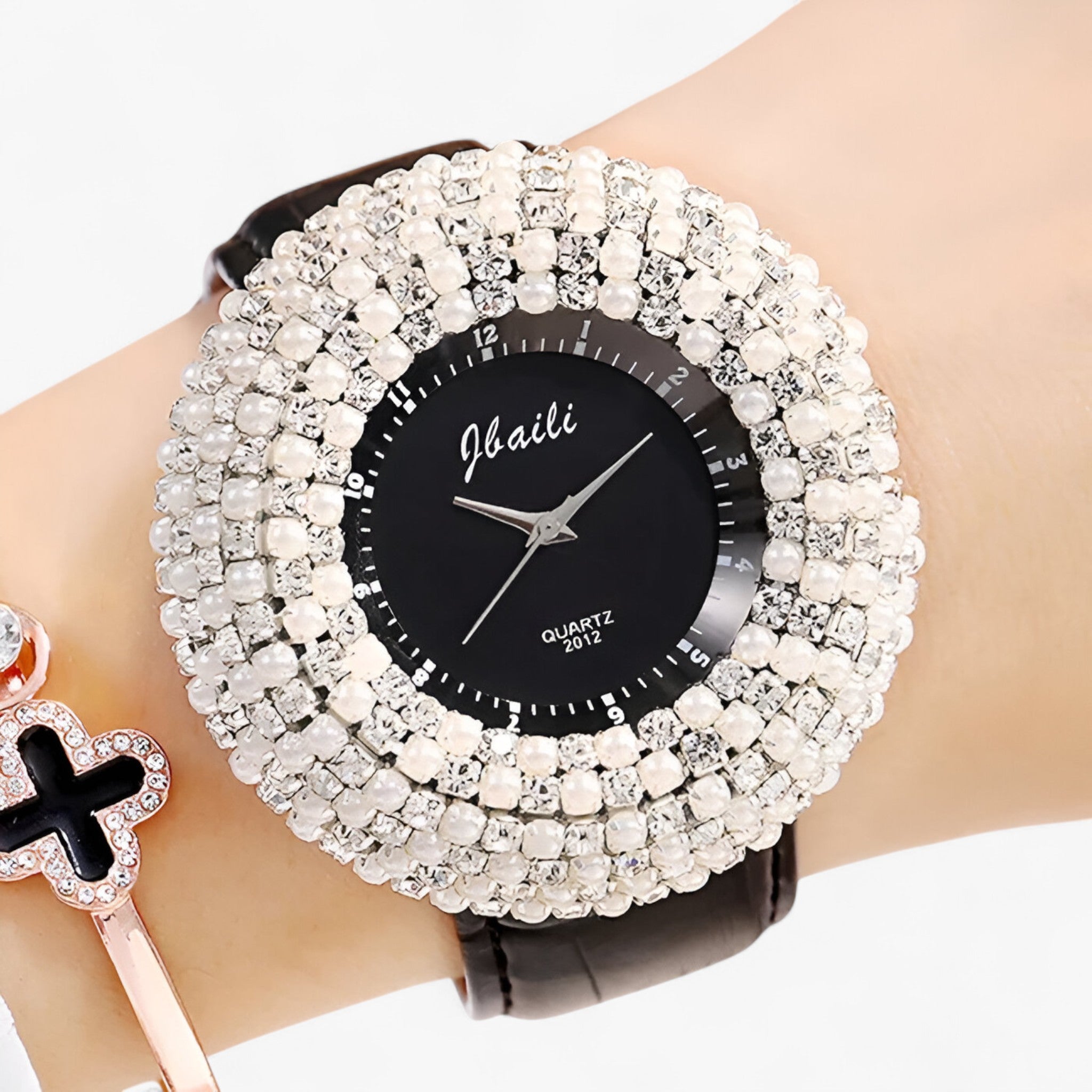 Joanna | Orologio in pelle con quadrante nero e strass - - female watch watch for women - Concept Palermo