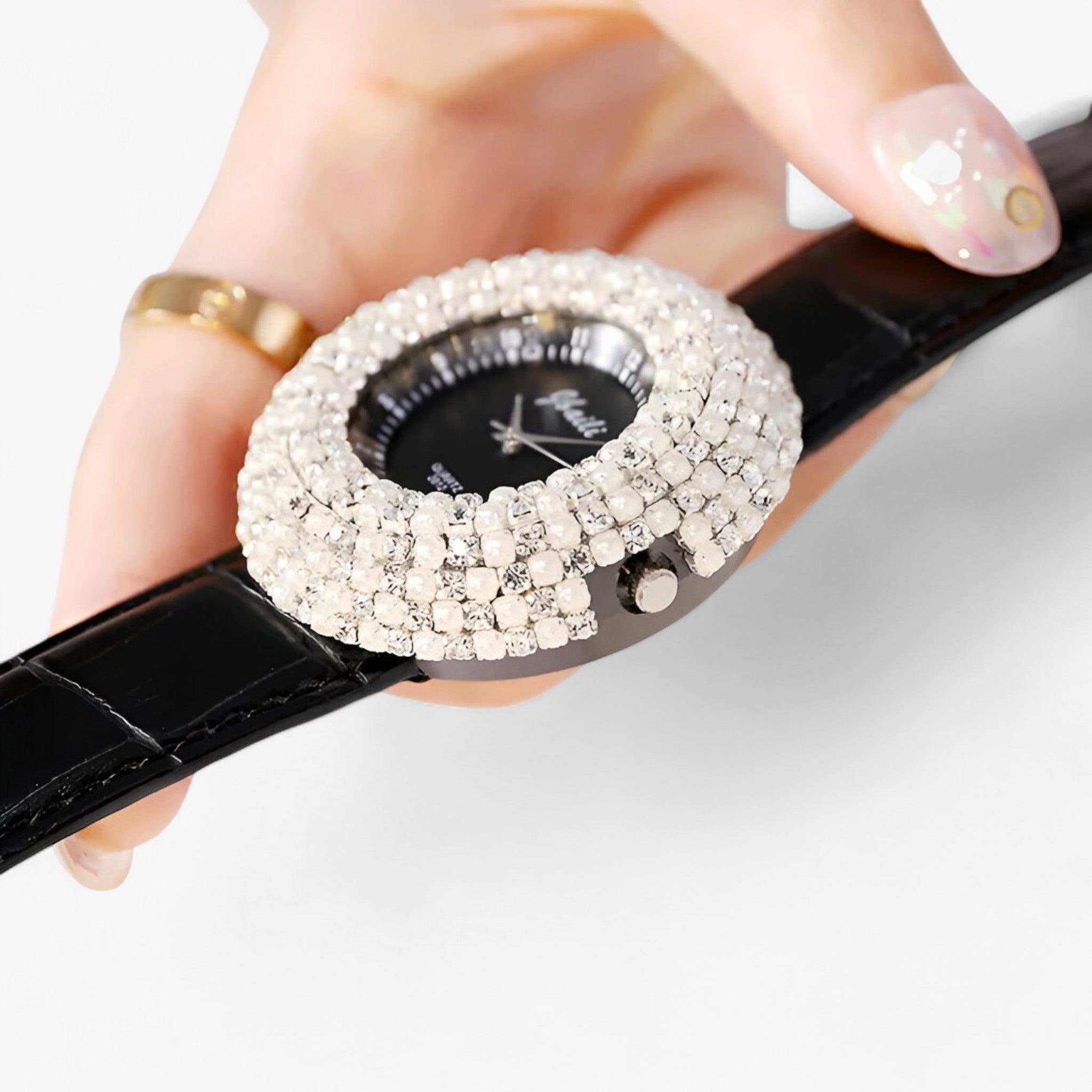 Joanna | Orologio in pelle con quadrante nero e strass - - female watch watch for women - Concept Palermo