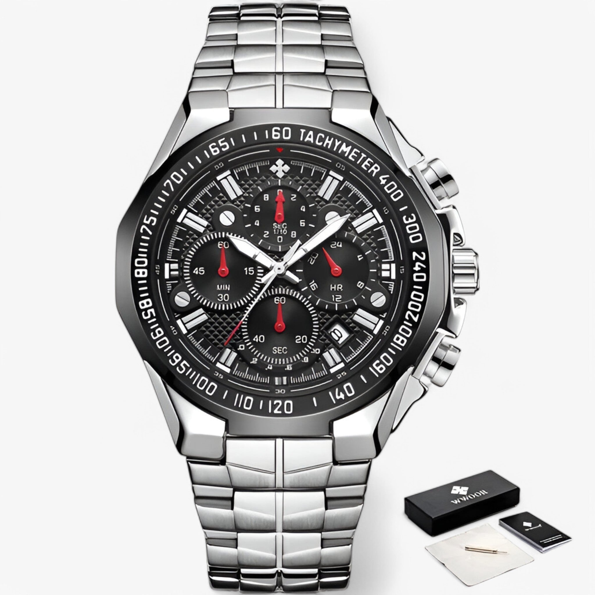 Lucien | Orologio Militare Cronografo in Acciaio - argento nero con scatola - - Concept Palermo