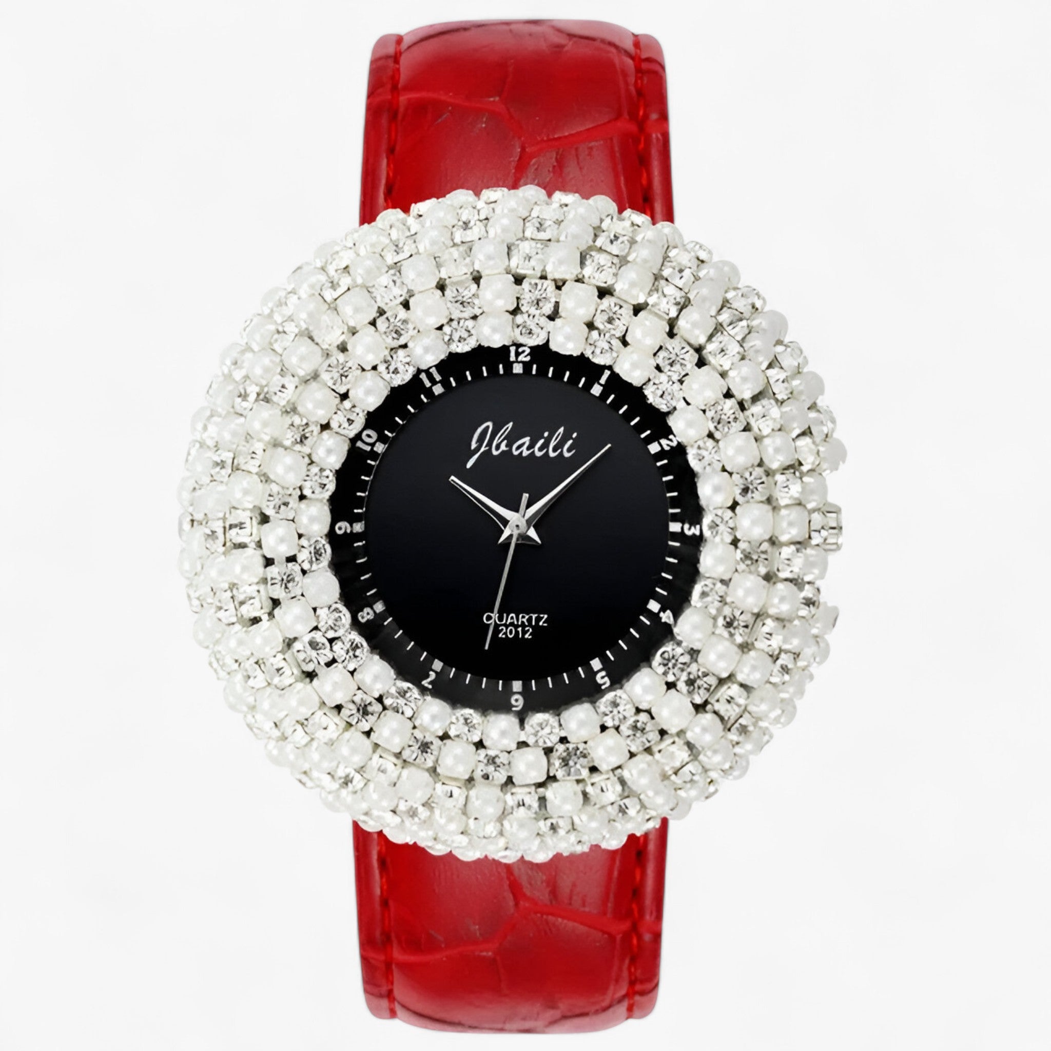 Joanna | Orologio in pelle con quadrante nero e strass - Rossa - female watch watch for women - Concept Palermo