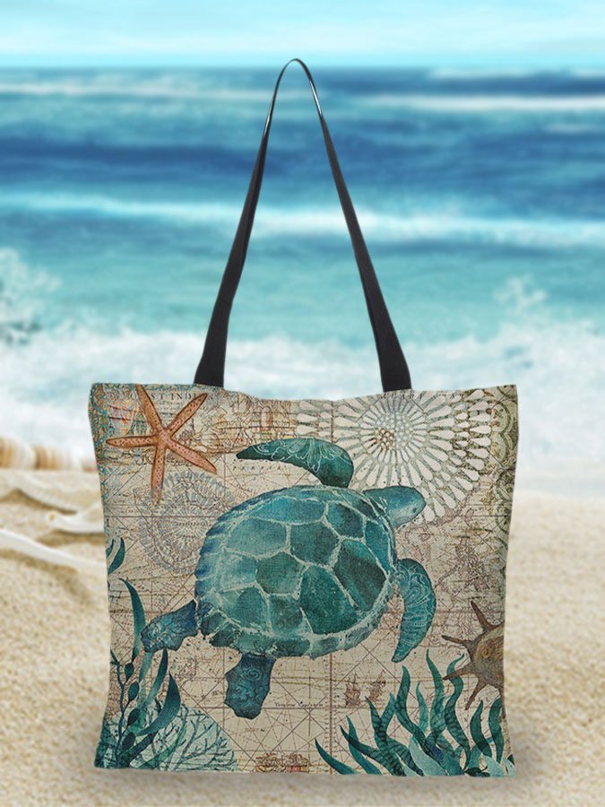 Borsa da spiaggia in lino con stampa sull'oceano - Tartaruga - shopper bags tote bag - Concept Palermo