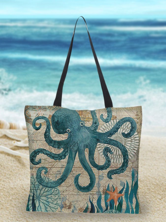 Borsa da spiaggia in lino con stampa sull'oceano - calamaro - shopper bags tote bag - Concept Palermo