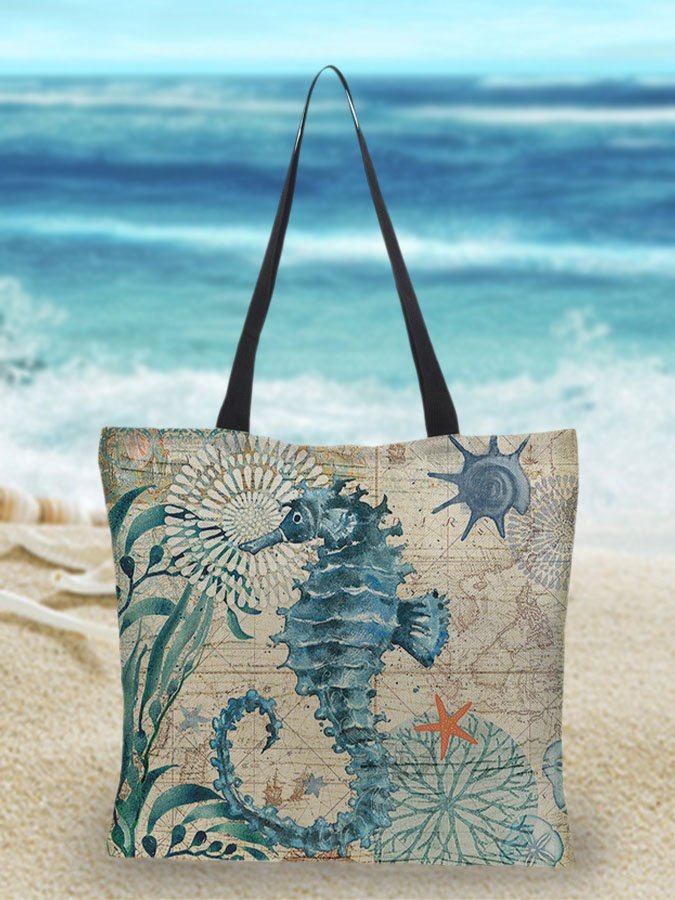 Borsa da spiaggia in lino con stampa sull'oceano - Cavalluccio marino - shopper bags tote bag - Concept Palermo