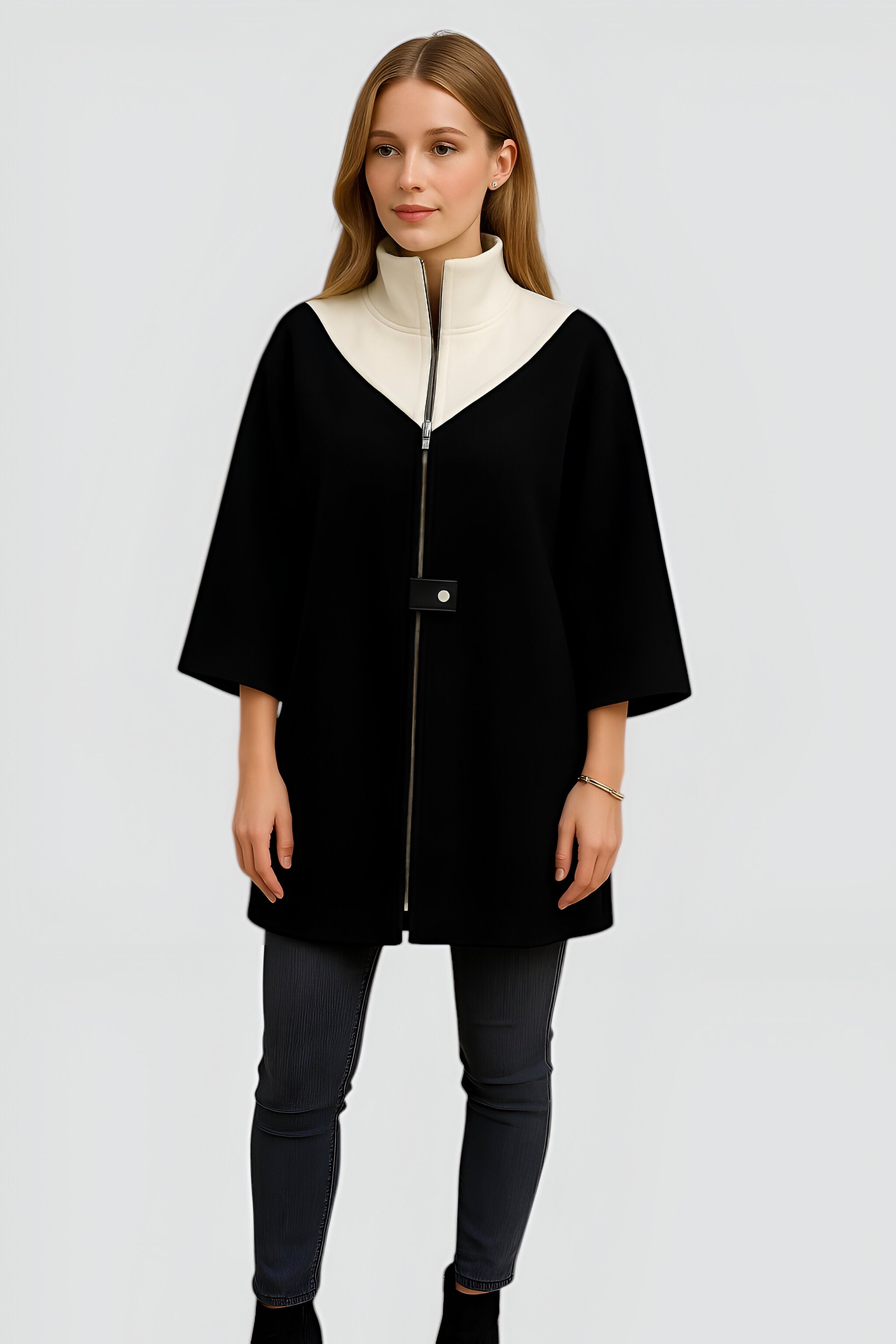 Elena | Cappotto donna in lana con zip - - Mode féminine Veste avec zip Veste bicolore Veste casual chic Veste col montant Élégante et confortable - Concept Palermo