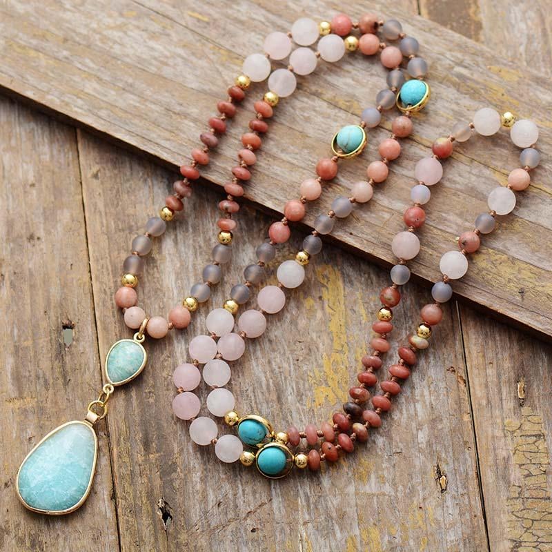 Collana di perle mala in amazzonite e quarzo rosa, per una pulizia profonda e colorata - - new_for_google_may - Concept Palermo