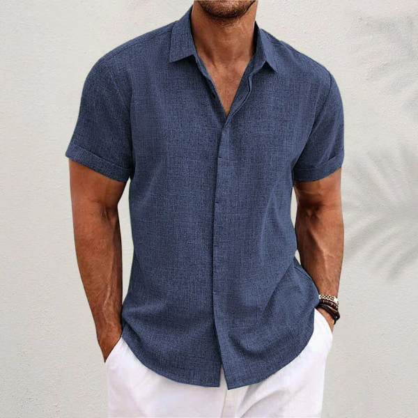 OLIVER | Camicia a maniche corte in cotone e lino - Blu royal - fashion - Concept Palermo