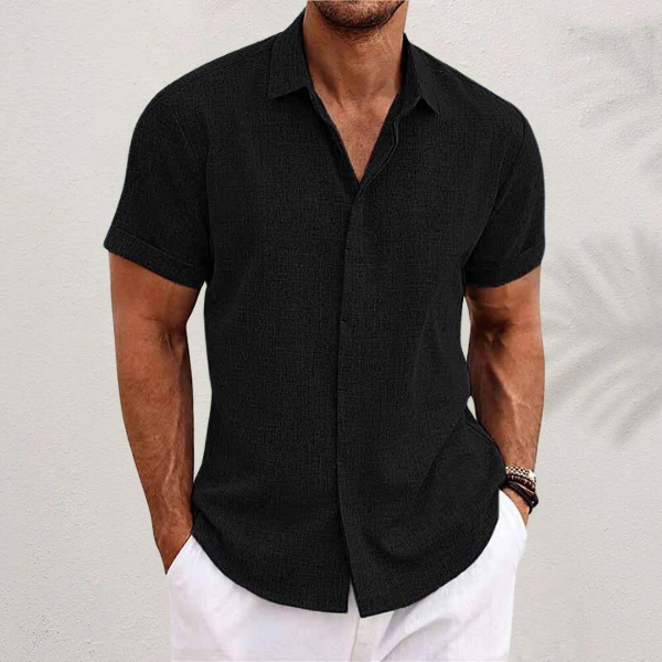 OLIVER | Camicia a maniche corte in cotone e lino - Nero - fashion - Concept Palermo