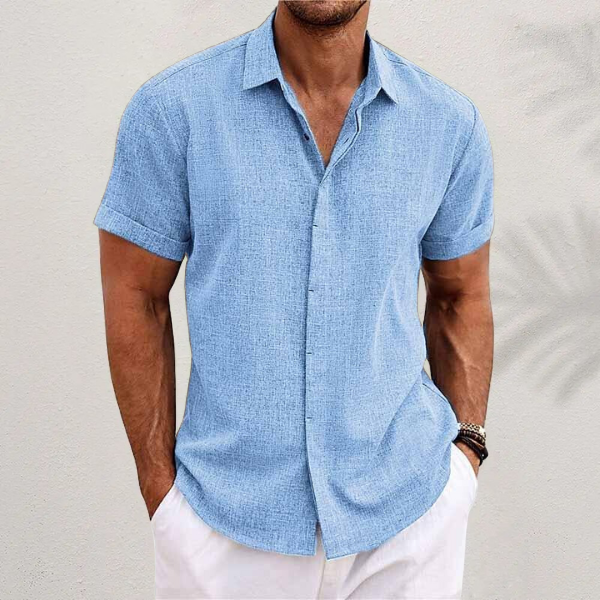 OLIVER | Camicia a maniche corte in cotone e lino - Azzurro - fashion - Concept Palermo