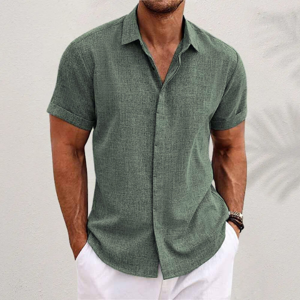 OLIVER | Camicia a maniche corte in cotone e lino - Verde militare - fashion - Concept Palermo