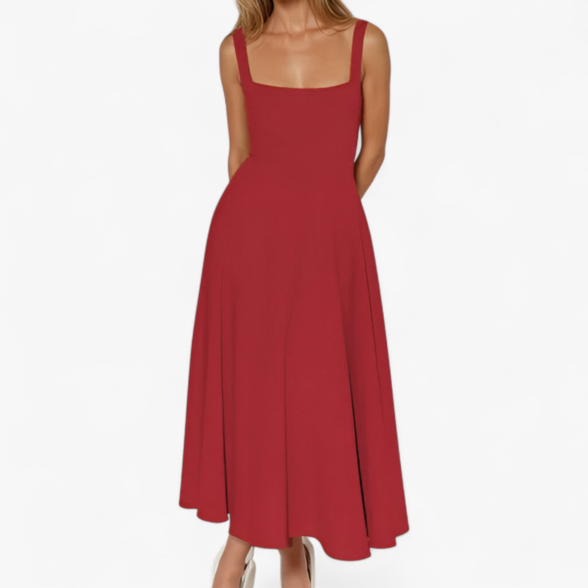 Lilou | Elegante vestito midi - Rosso - bredde stropper kjole elegant midi kjole farverig midi kjole feminine kjole figursyet kjole midirok moderne kjole design romantisk middag kjole sommerbryllup kjole stilfuld kjole - Concept Palermo