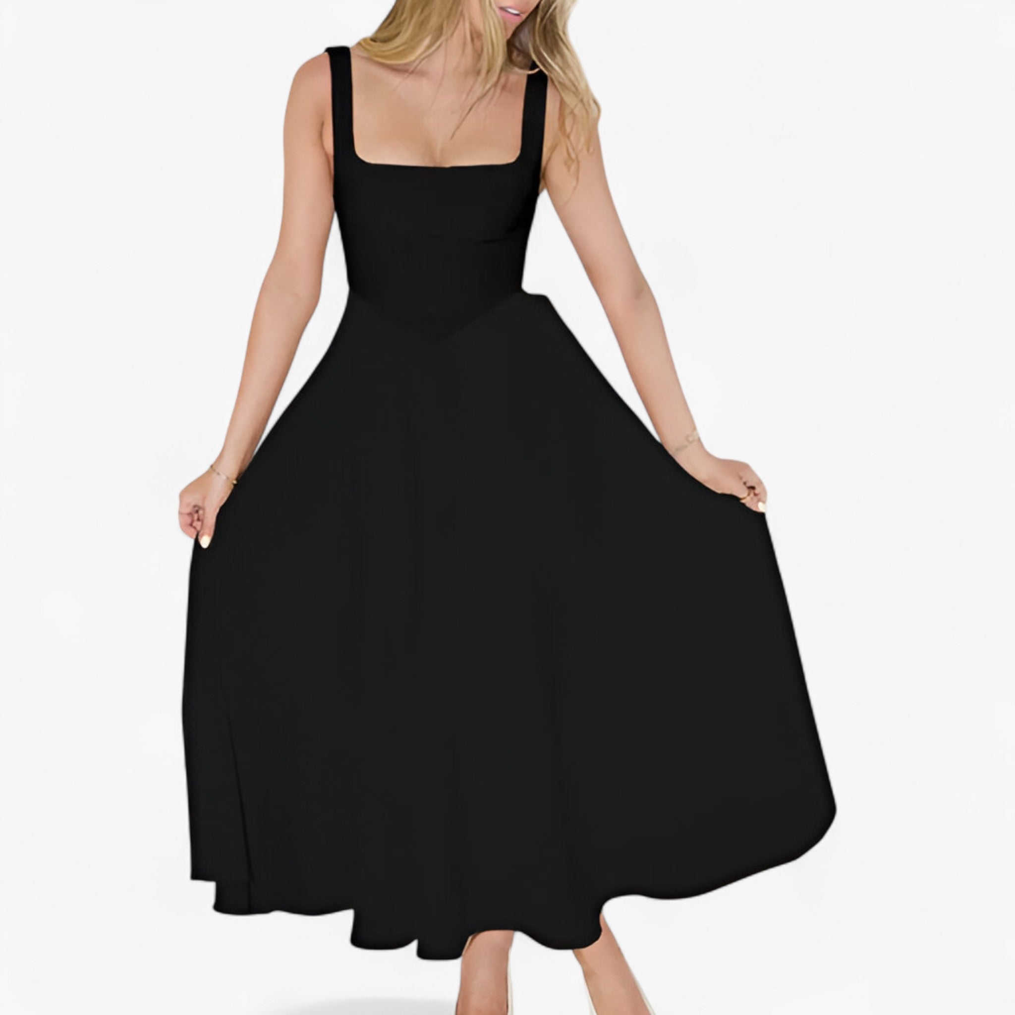 Lilou | Elegante vestito midi - Nero - bredde stropper kjole elegant midi kjole farverig midi kjole feminine kjole figursyet kjole midirok moderne kjole design romantisk middag kjole sommerbryllup kjole stilfuld kjole - Concept Palermo