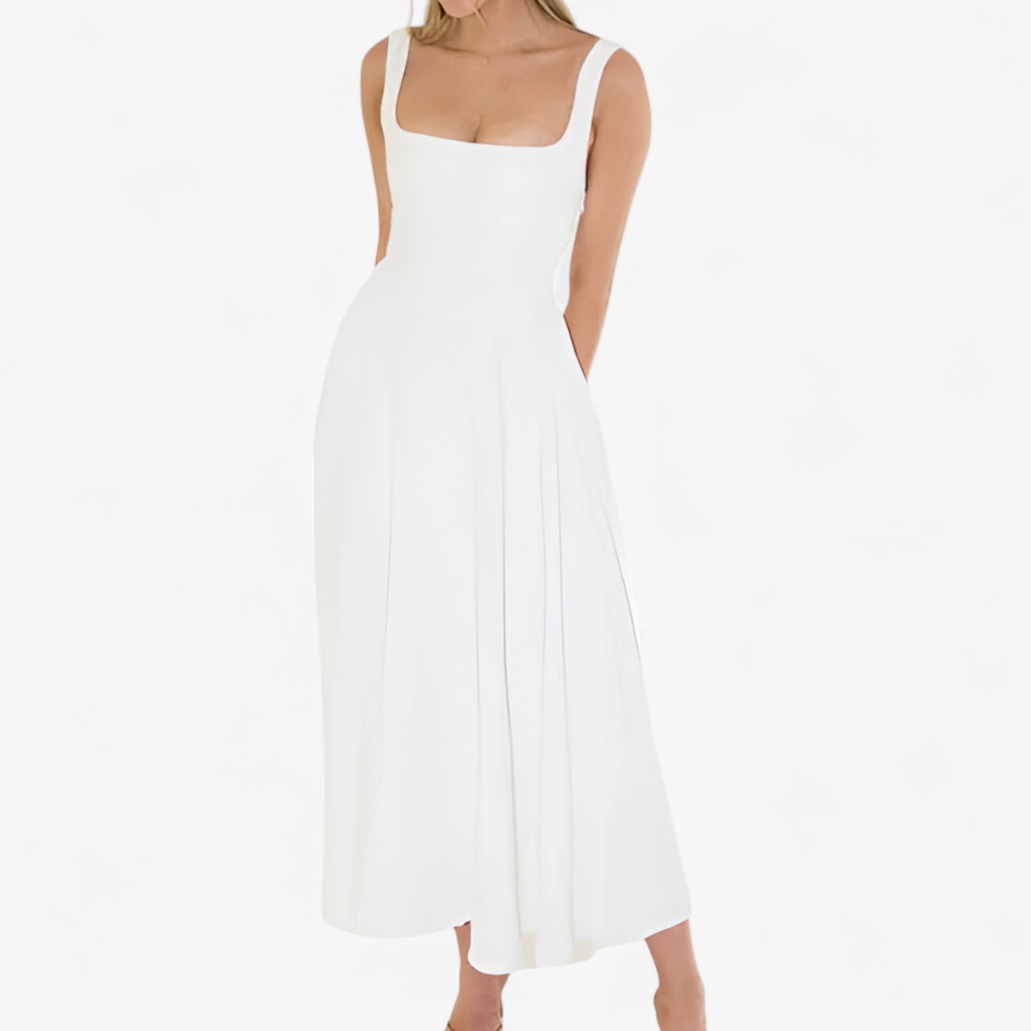 Lilou | Elegante vestito midi - - bredde stropper kjole elegant midi kjole farverig midi kjole feminine kjole figursyet kjole midirok moderne kjole design romantisk middag kjole sommerbryllup kjole stilfuld kjole - Concept Palermo