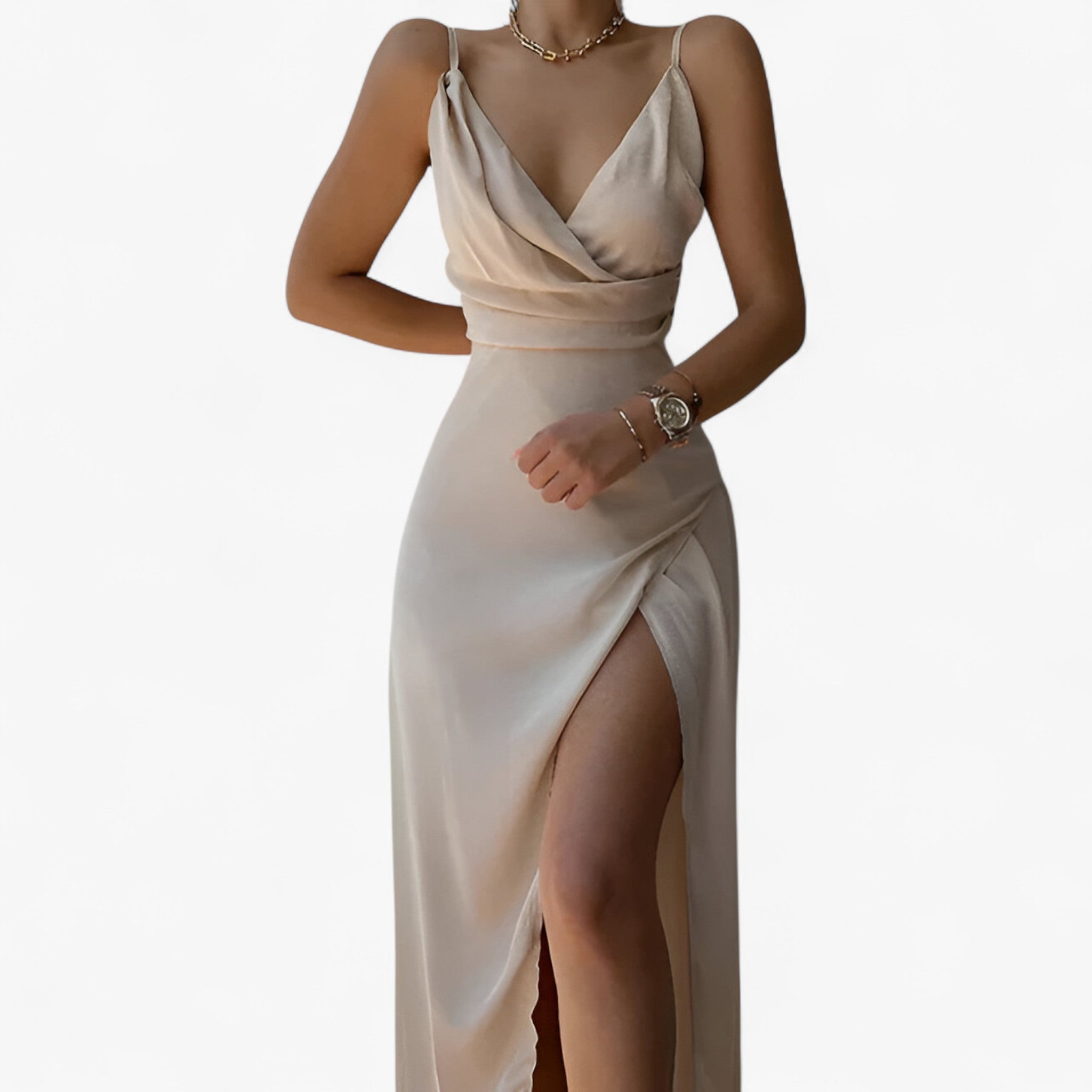 Katia | Abito Donna in Satin Elegante con Scollo a Cascata - Beige - abito con alto spacco abito da matrimonio abito elegante abito serale abito versatile look raffinato outfit femminile stile elegante vestito con scollo a cascata vestito in satin - Concept Palermo
