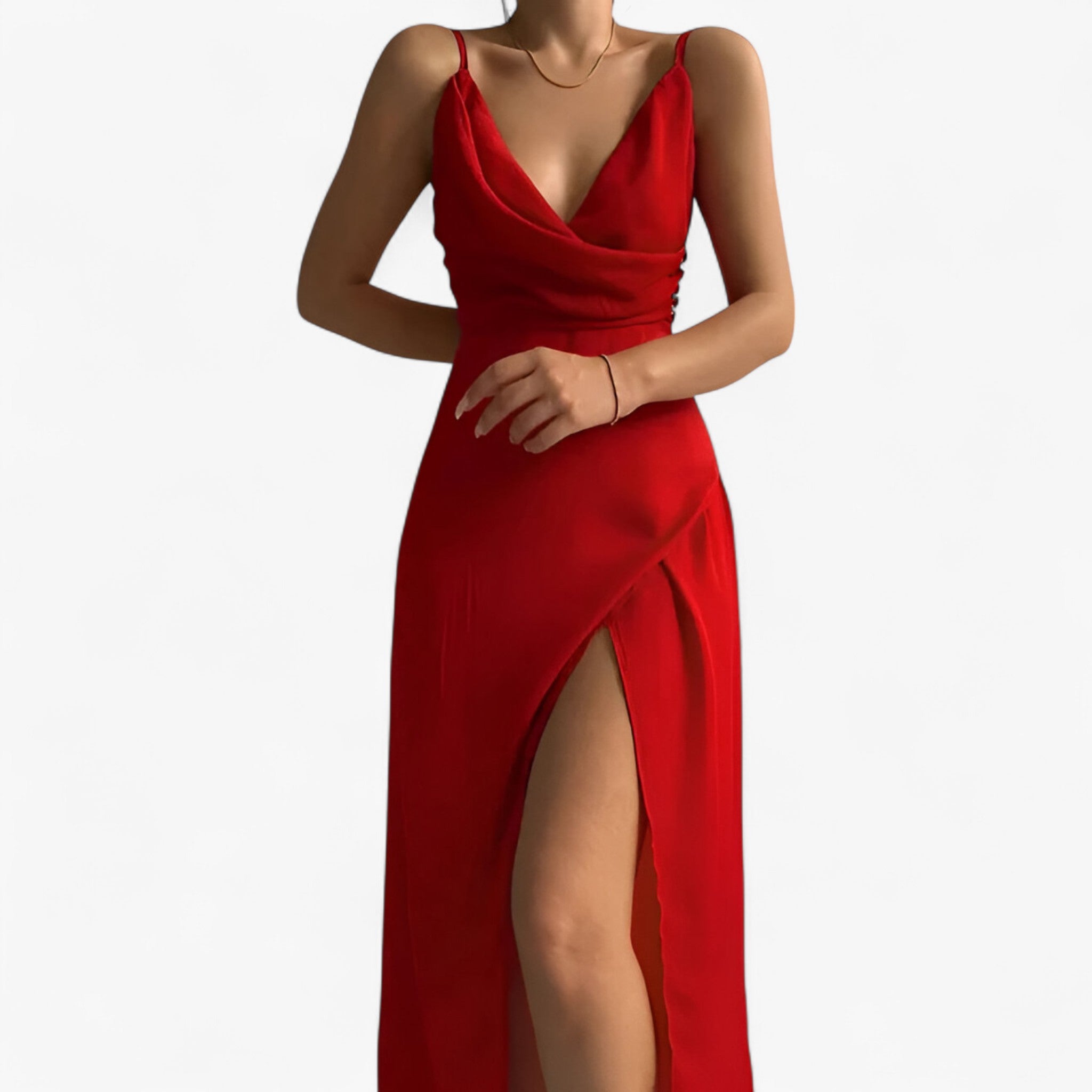 Katia | Abito Donna in Satin Elegante con Scollo a Cascata - Rosso - abito con alto spacco abito da matrimonio abito elegante abito serale abito versatile look raffinato outfit femminile stile elegante vestito con scollo a cascata vestito in satin - Concept Palermo