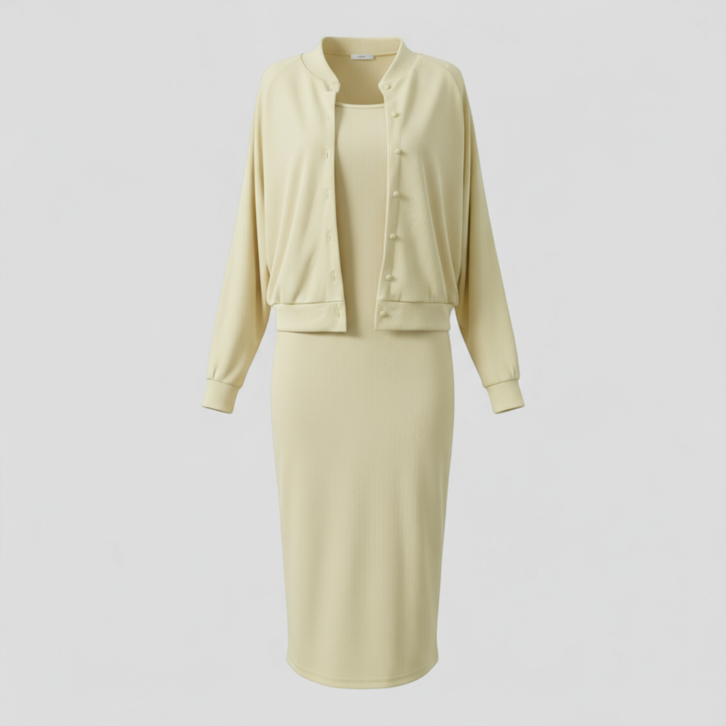 Acadia | Abito Midi Elegante con Cardigan Abbinato - Giallo - abbigliamento casual abito midi abito versatile cardigan elegante moda femminile outfit formale stile comodo tessuto di alta qualità - Concept Palermo