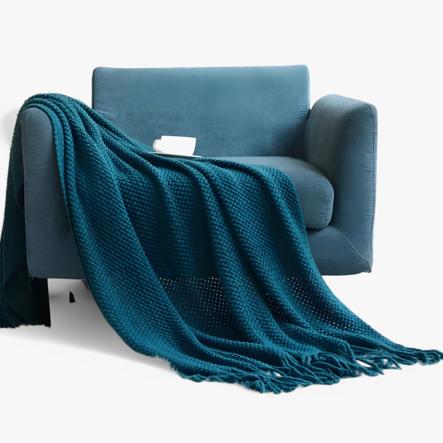 Chiara | Plaid lavorato a maglia accogliente – morbido, caldo e stiloso con frange - Blu - bedroom Home - Concept Palermo