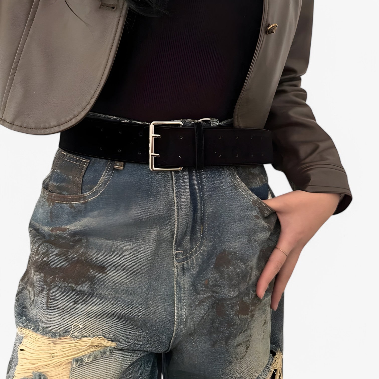 Rachel| Cintura Larga in Seta di Camoscio con Fibbia Argento - Nero - belts waist belt for women women belt round Womens belt - Concept Palermo