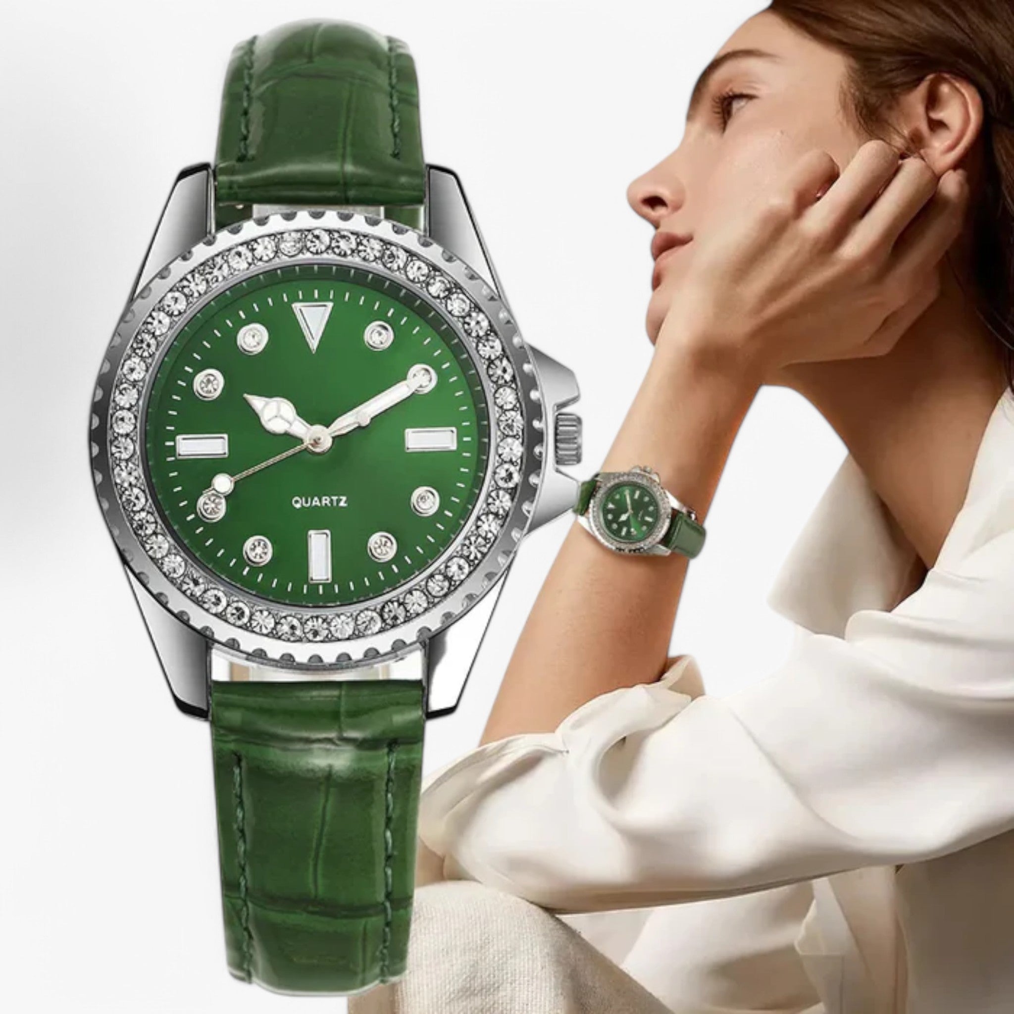 Gemma | Orologio elegante in pelle verde con diamanti scintillanti - - - Concept Palermo