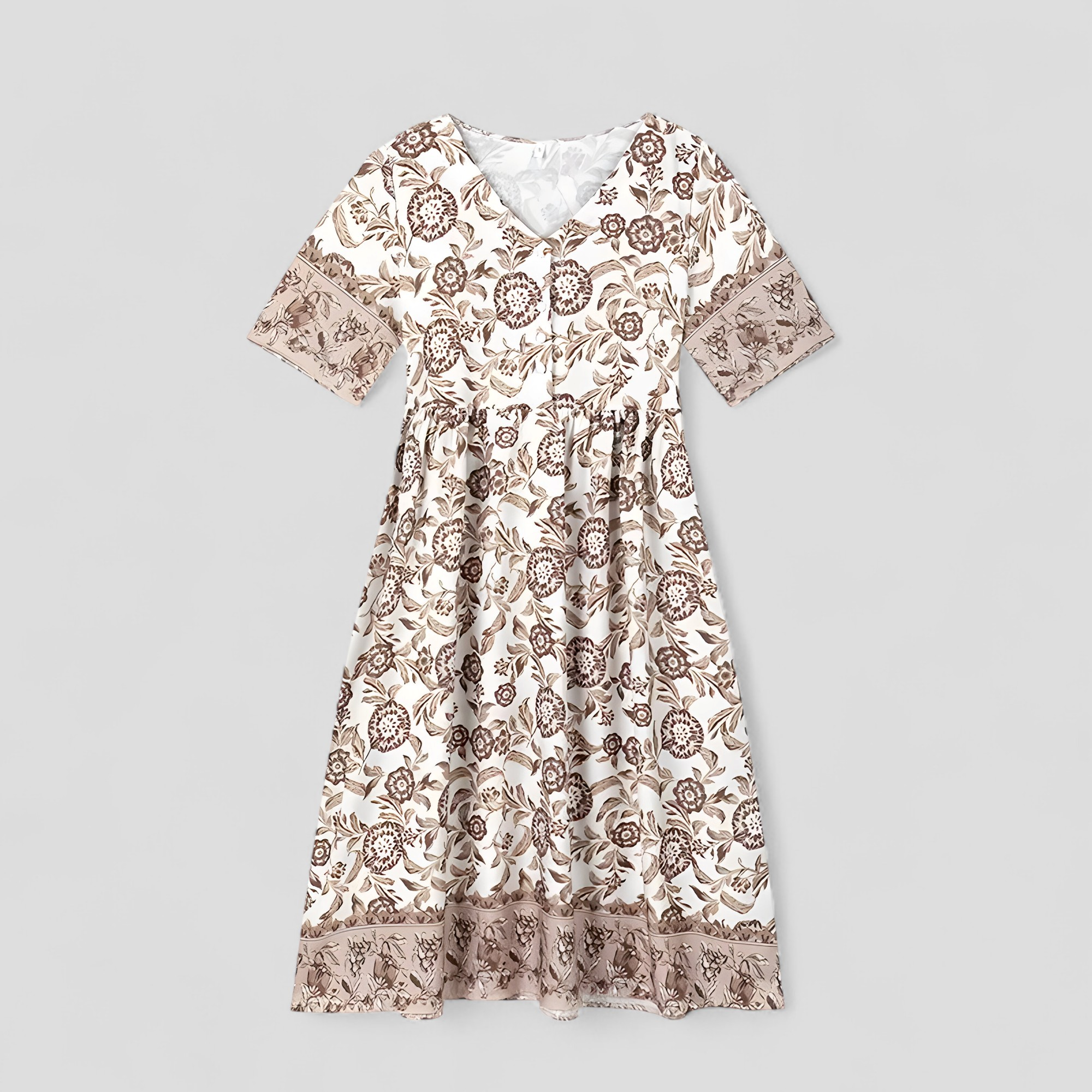 Micola | Abito Estivo Donna Con Stampa Floreale - Beige - abito elegante abito estivo abito floreale fashion estate moda femminile scollo a V stile estivo tessuto leggero vestito comodo vestito lavabile - Concept Palermo