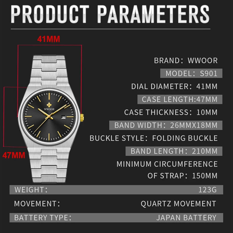 WWOOR Top Brand Luxury VJ32 Quartz Movement Watch for Men 316L Stainless Steel Business Watch Waterproof Luminous Men's Watches - - - Concept Palermo