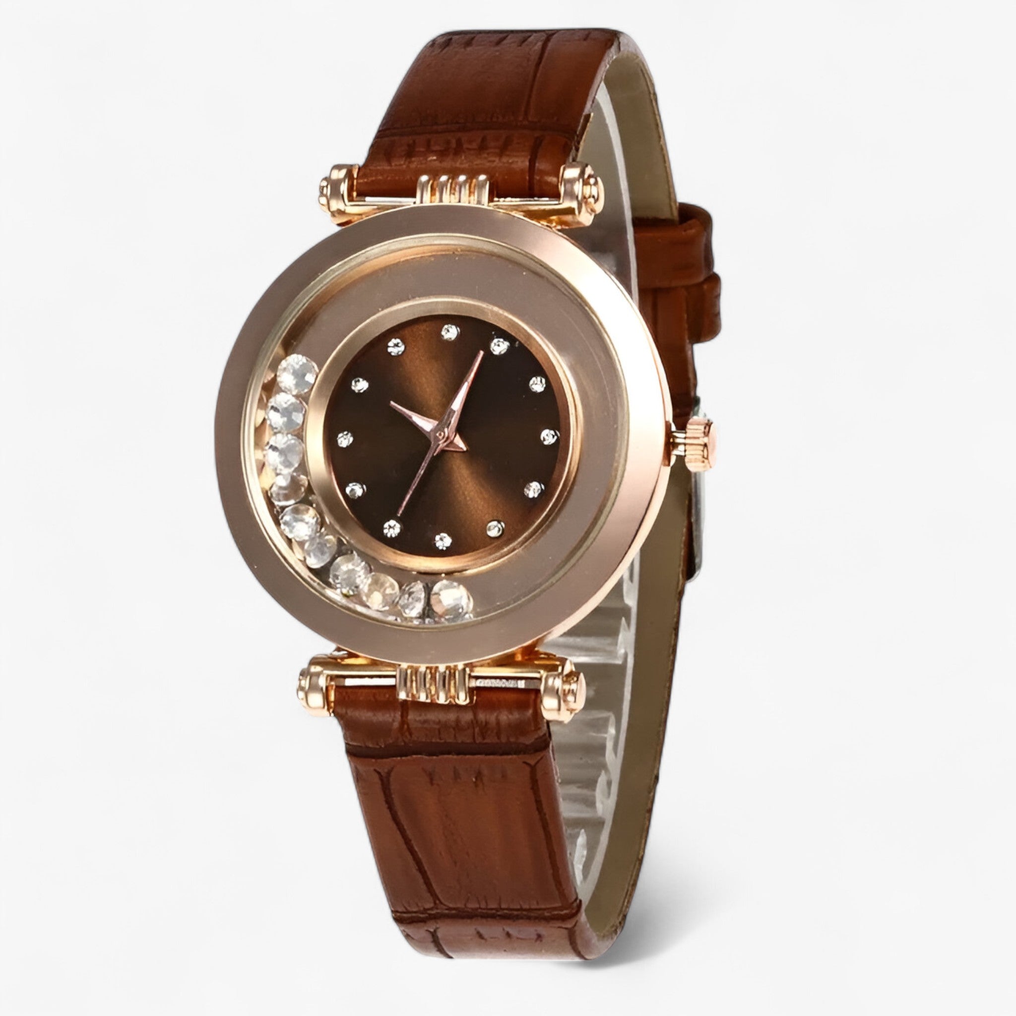 Božena | Orologio elegante da donna con cinturino in pelle e fibbia con strass - Marrone - - Concept Palermo