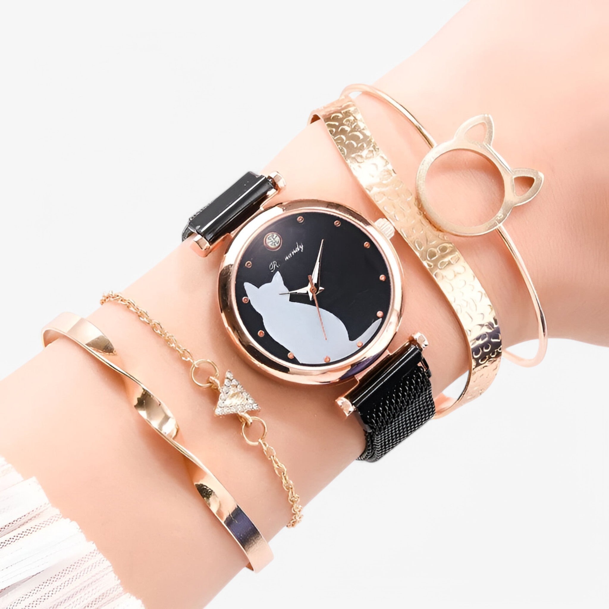 Skylar | Orologio da donna con quadrante a forma di gatto e cinturino in maglia – Set da 5 pezzi - - female watch watch for women - Concept Palermo