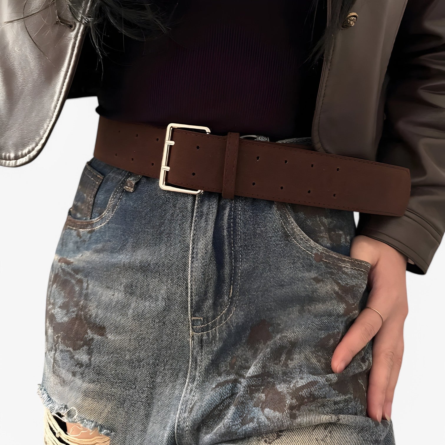 Rachel| Cintura Larga in Seta di Camoscio con Fibbia Argento - Caffè - belts waist belt for women women belt round Womens belt - Concept Palermo