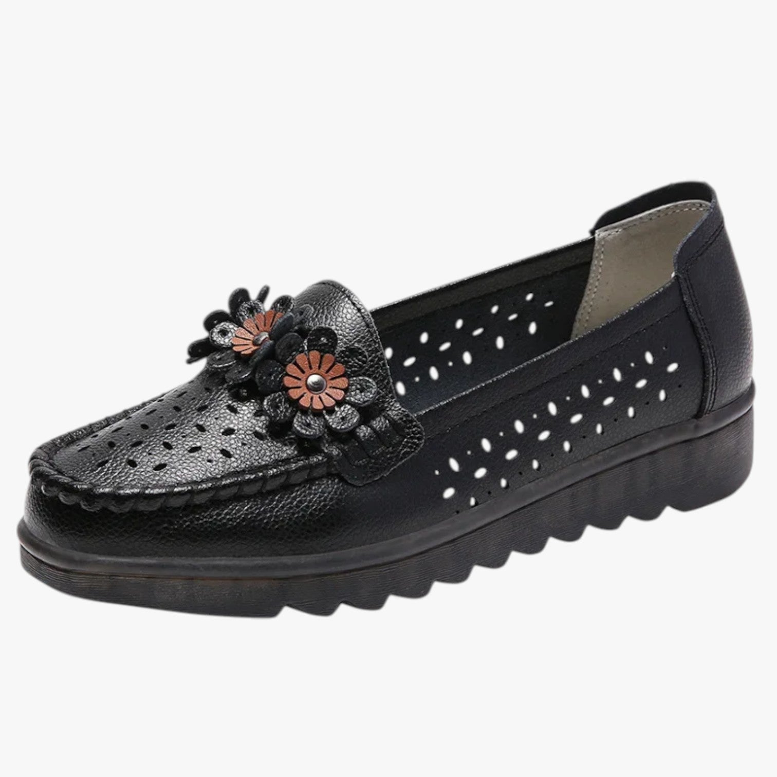 Annie | Mocassini estivi in pelle - Comodità e freschezza con eleganti dettagli floreali - nero - shoes Shoes women summer shoes - Concept Palermo