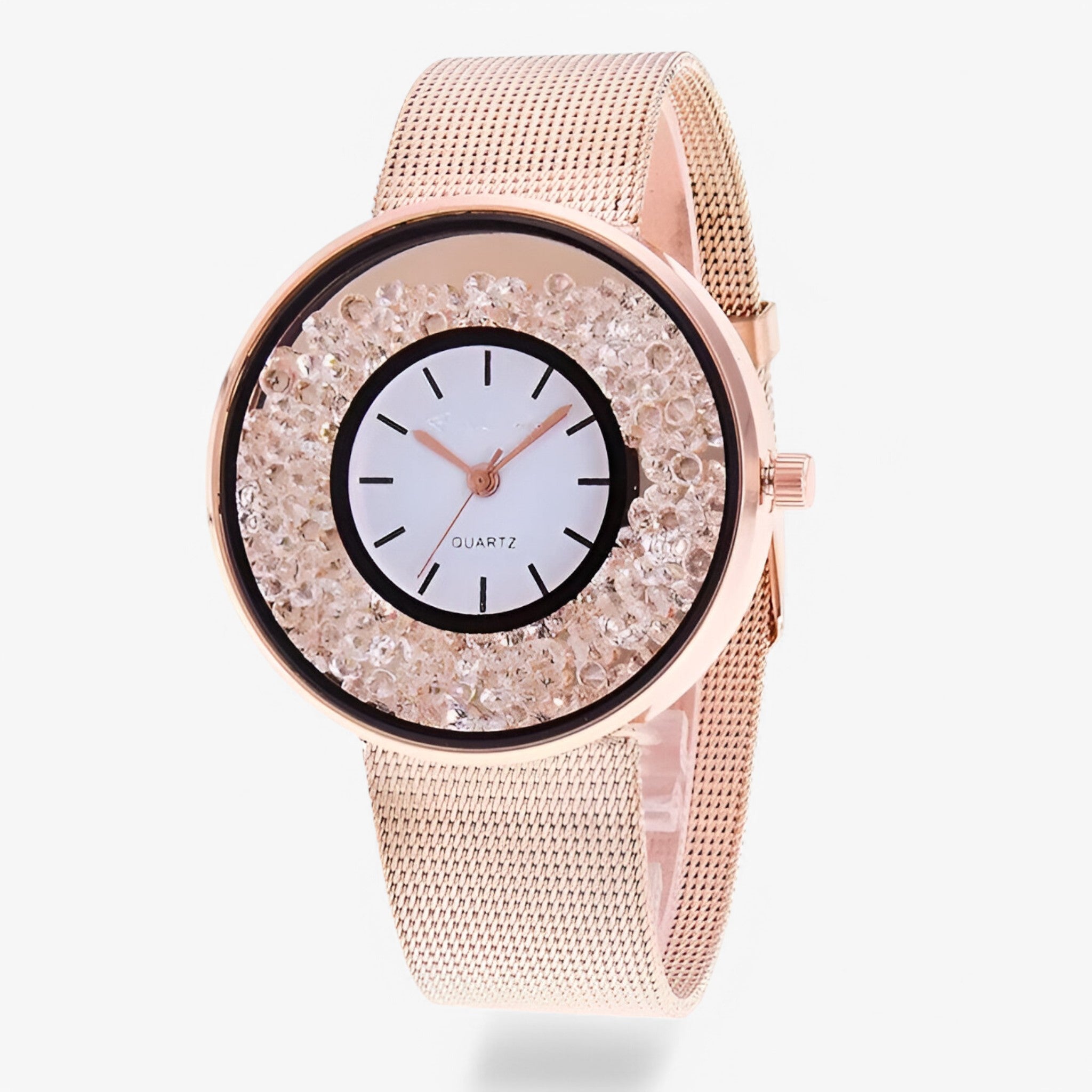Amber | Orologio da donna in acciaio con finitura oro rosa e bracciale in maglia di strass - oro rosa - female watch watch for women - Concept Palermo
