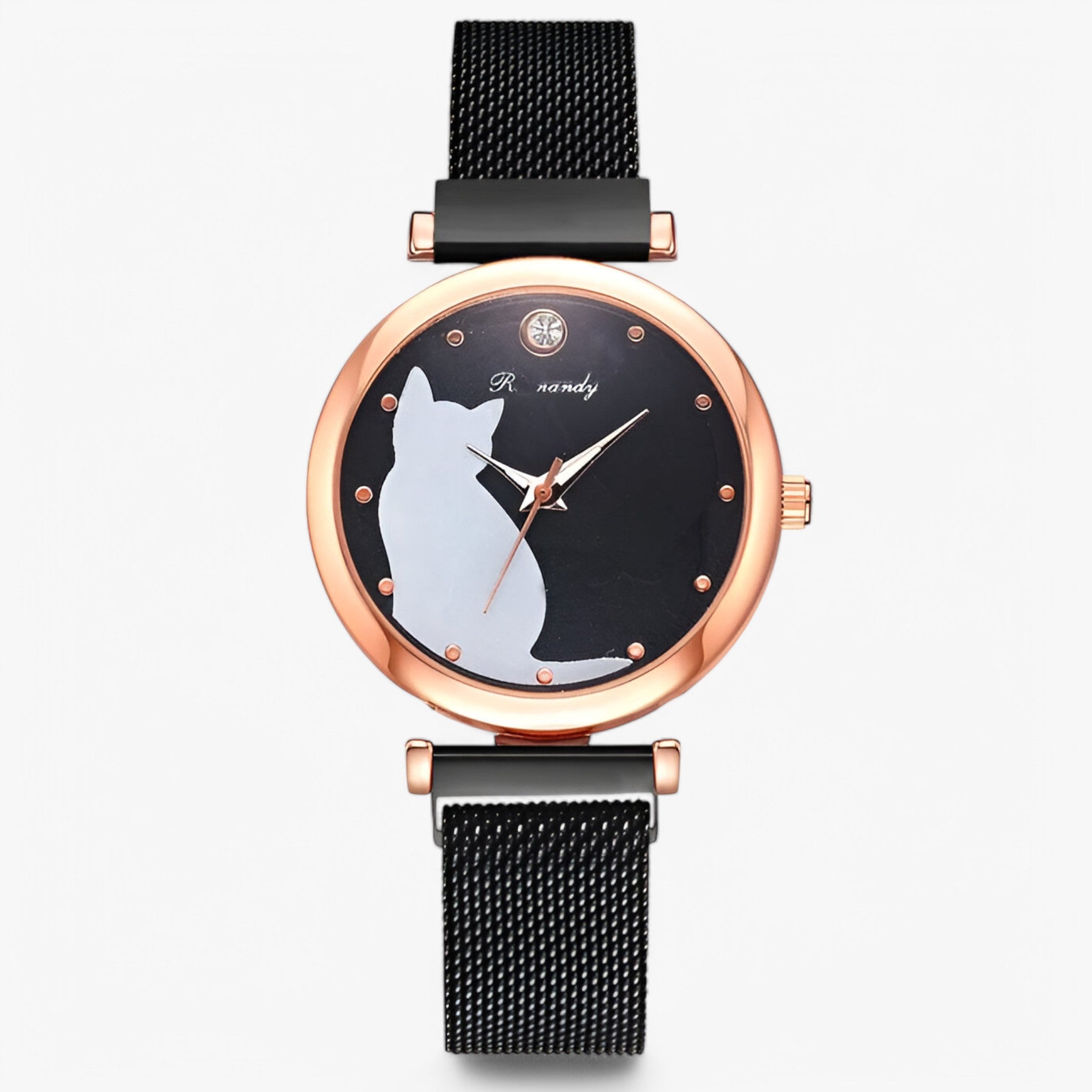 Skylar | Orologio da donna con quadrante a forma di gatto e cinturino in maglia – Set da 5 pezzi - Nera - female watch watch for women - Concept Palermo