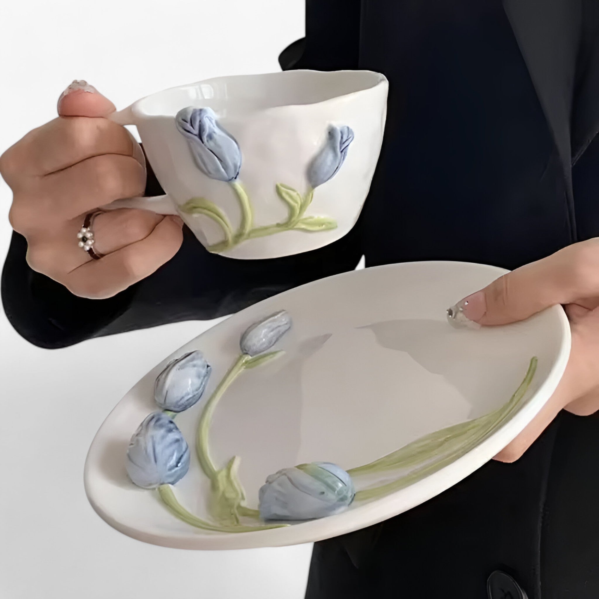 Florina | Tazza da caffè in ceramica creativa a forma di tulipano con piattino - Set blu 260-310ML - - Concept Palermo