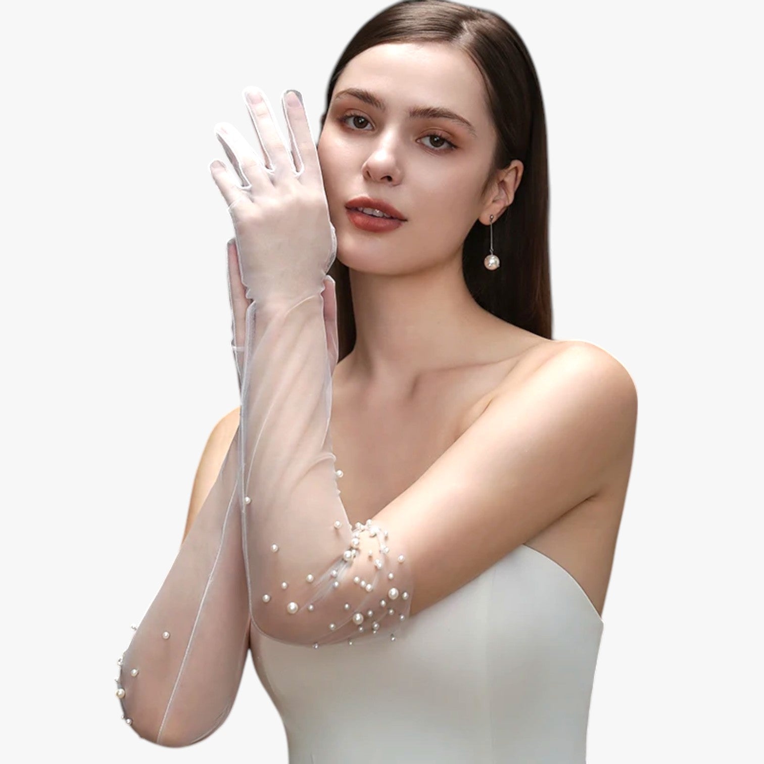 Vivian | Guanti da Sposa Eleganti in Tulle con Perline Raffinatezza Lunga e Leggera - Bianco-Lungo - gloves - Concept Palermo