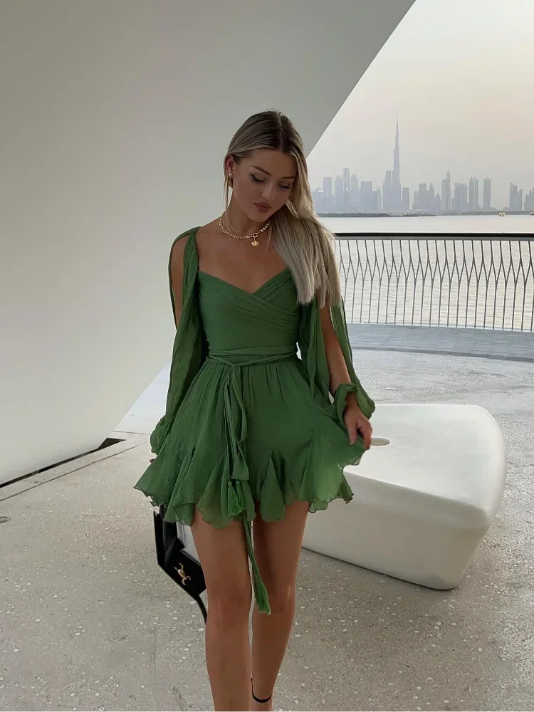 Mini abito plissettato verde sexy con maniche lunghe e scollo a V - - casual dresses DRESS female dress Mini Dresses - Concept Palermo