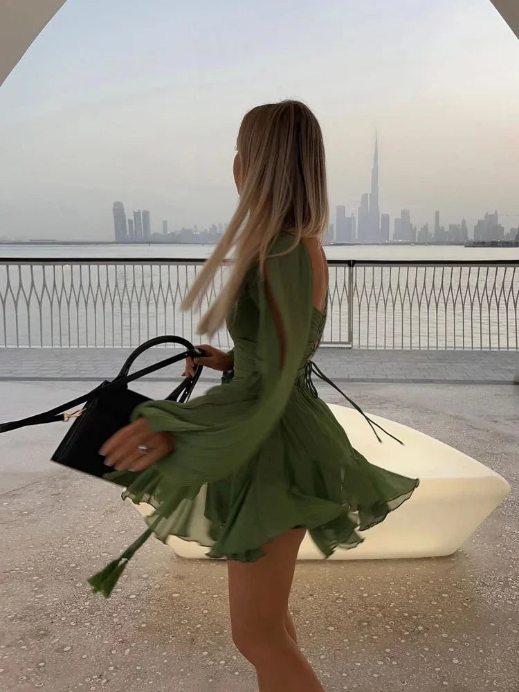 Mini abito plissettato verde sexy con maniche lunghe e scollo a V - - casual dresses DRESS female dress Mini Dresses - Concept Palermo