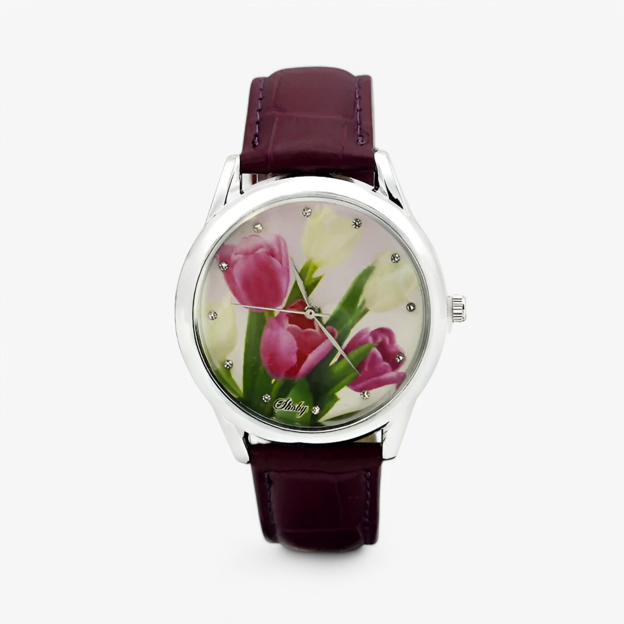 Kaia | Orologio da donna con cinturino in pelle e quadrante floreale elegante - viola scuro - female watch watch for women - Concept Palermo