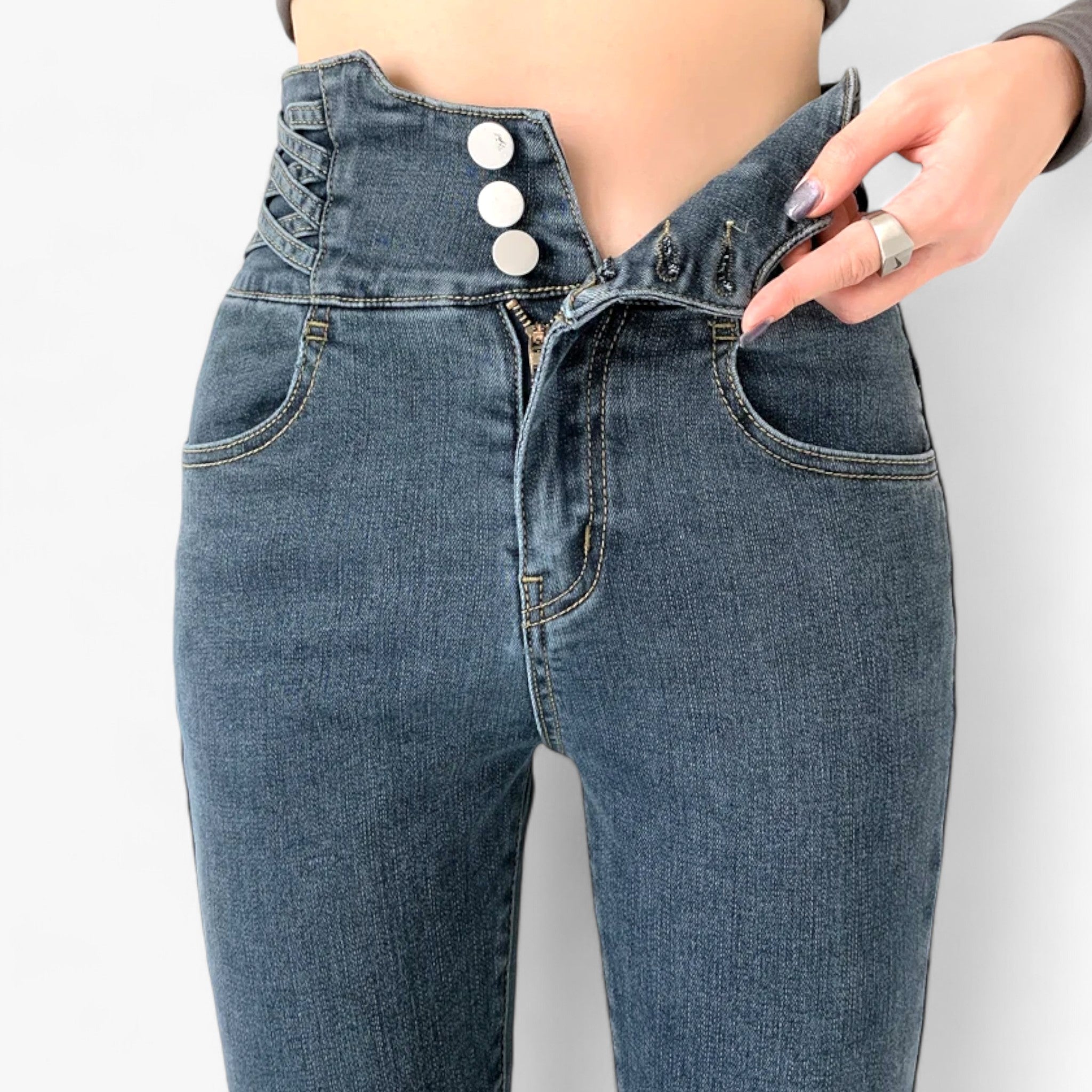 Nina | Jeans skinny a matita - Elastico sottile per una vestibilità più snella - Grigio Blu 3 Bottoni - pants pants for women Pants women women pants - Concept Palermo