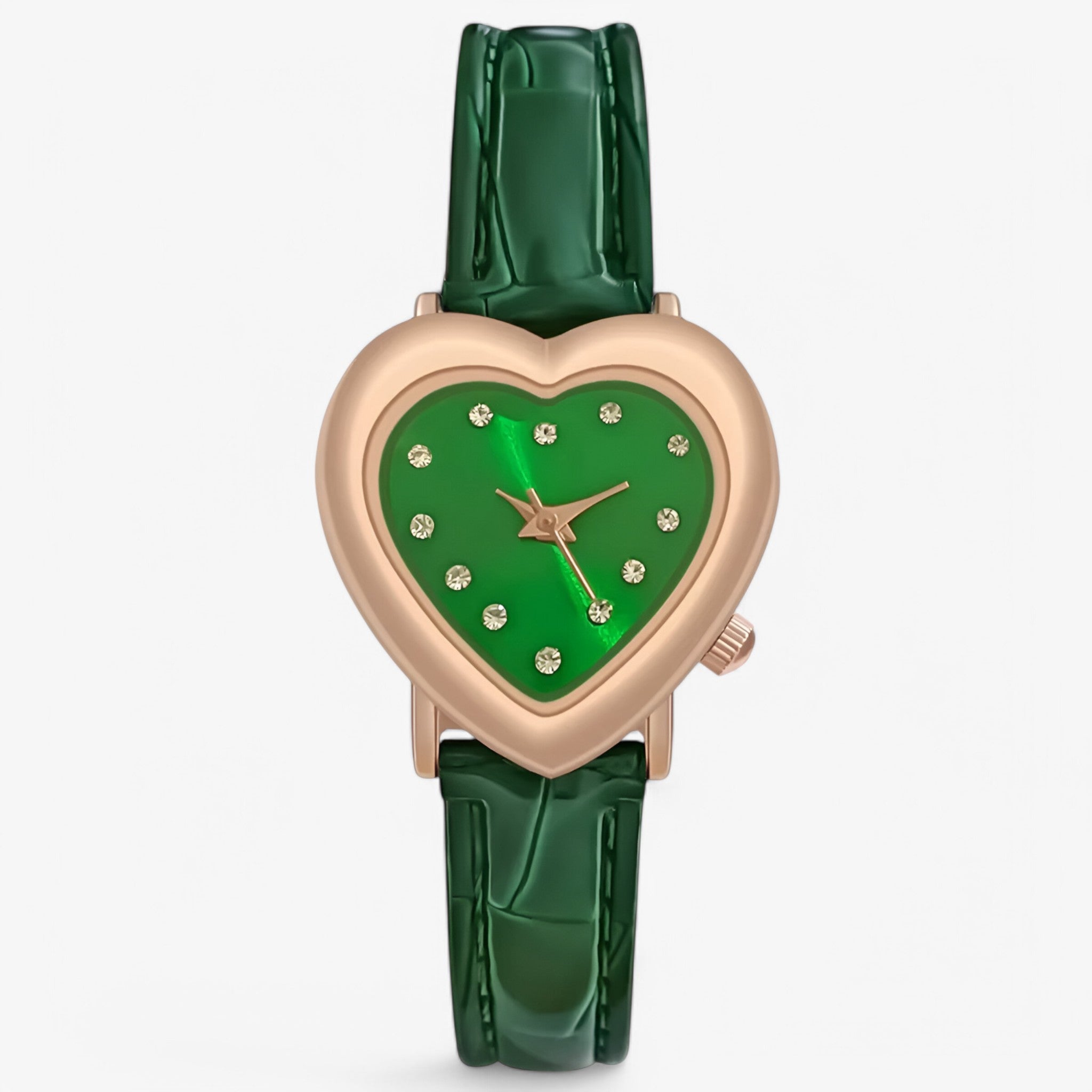 Kate | Elegante orologio in oro rosa con quadrante a cuore e cinturino in pelle - Verde - - Concept Palermo