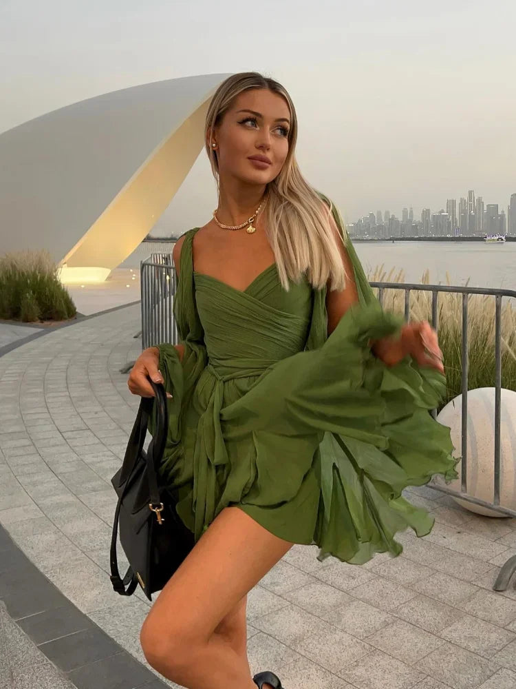 Mini abito plissettato verde sexy con maniche lunghe e scollo a V - L - casual dresses DRESS female dress Mini Dresses - Concept Palermo